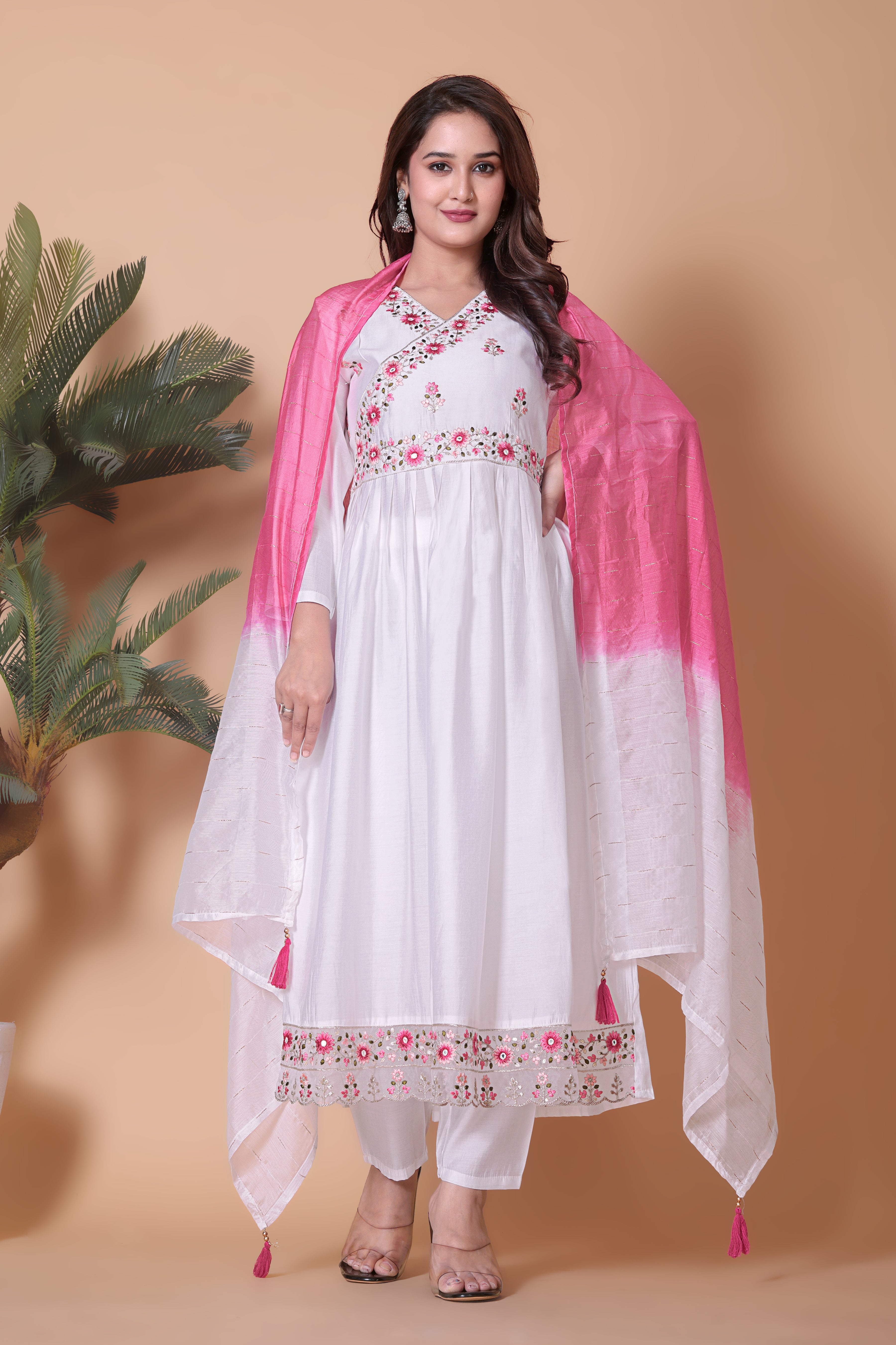 Elegant White Viscose Organza Anarkali Kurta Set with Embroidered Yoke & Pink Ombre Dupatta.