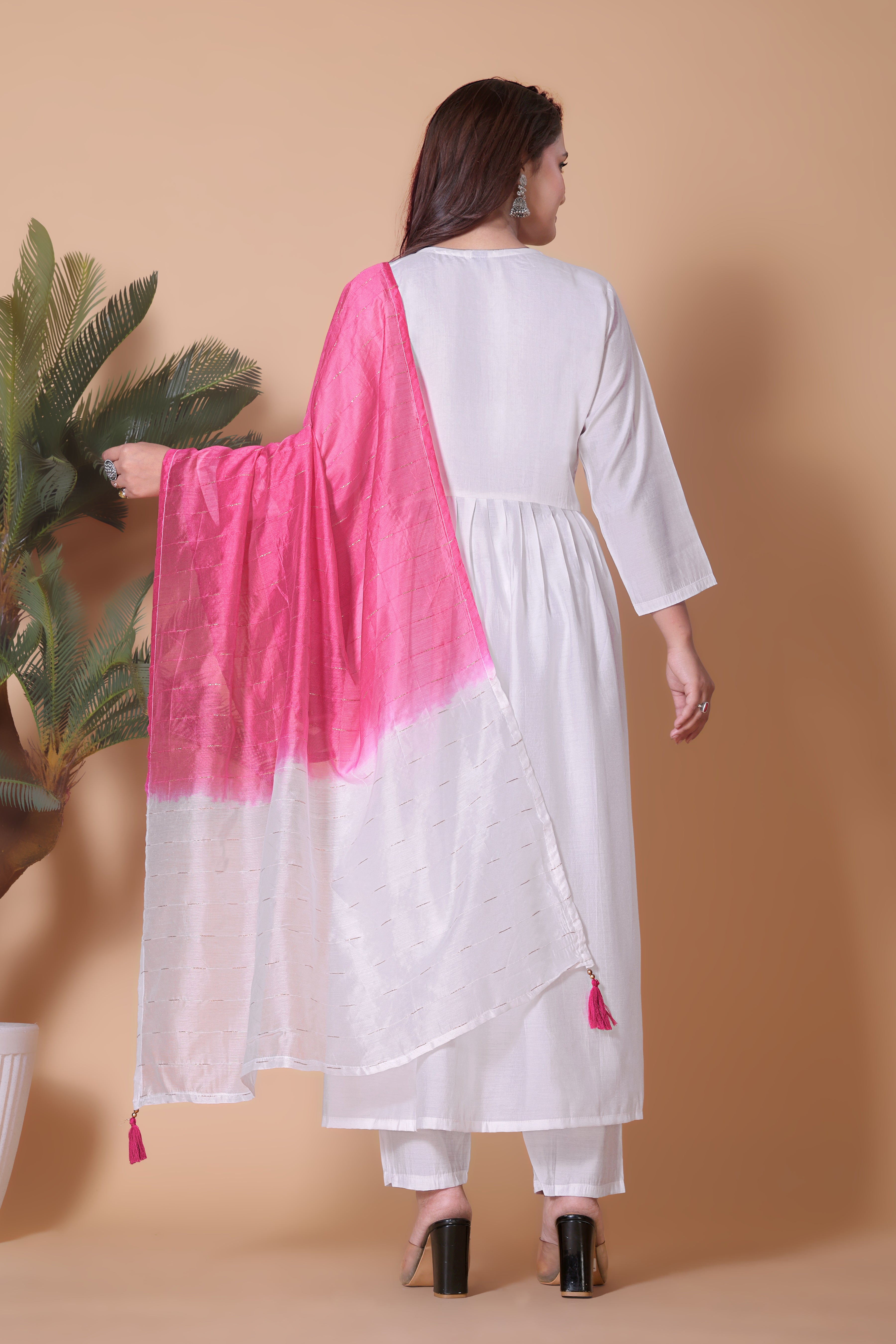 Elegant White Viscose Organza Anarkali Kurta Set with Embroidered Yoke & Pink Ombre Dupatta.
