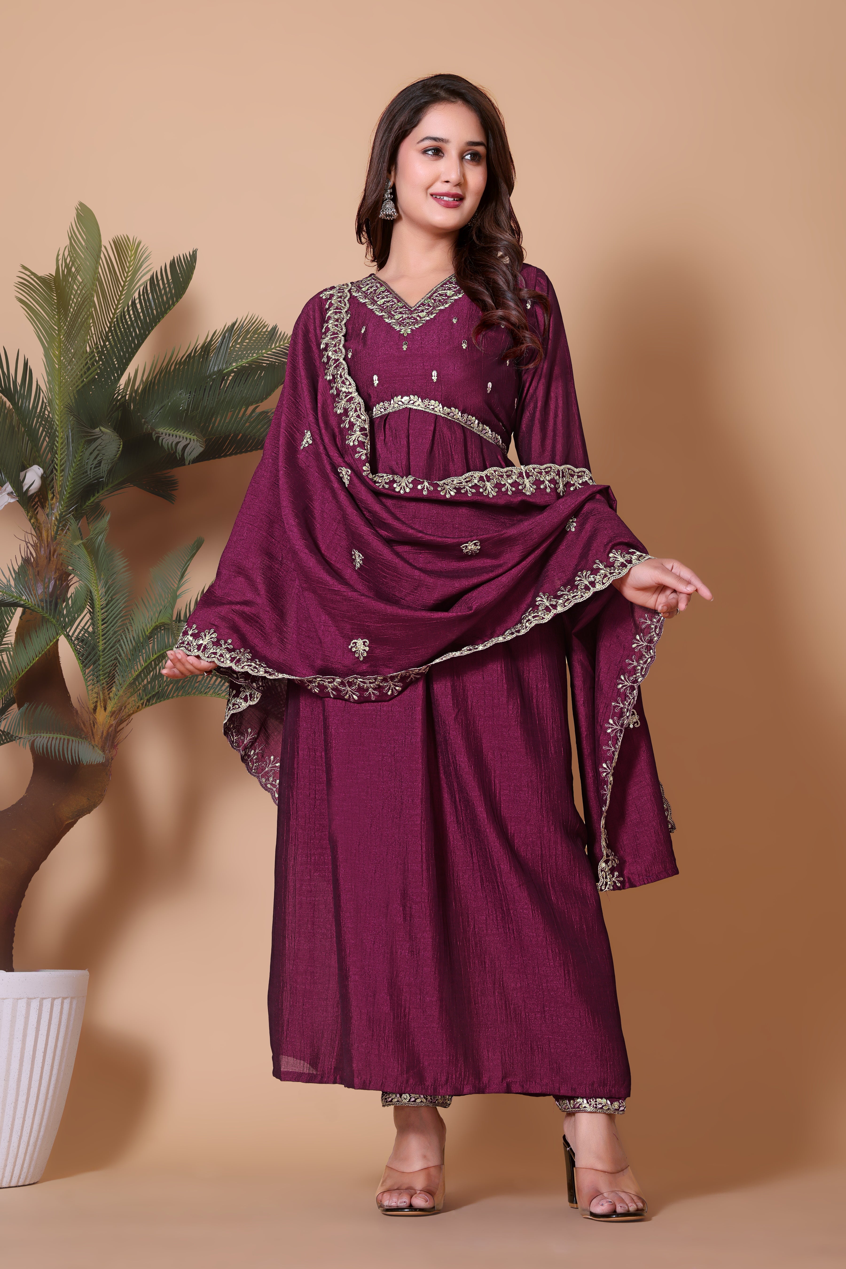 Women's Silk Blend Embroidered Anarkali Suit Set