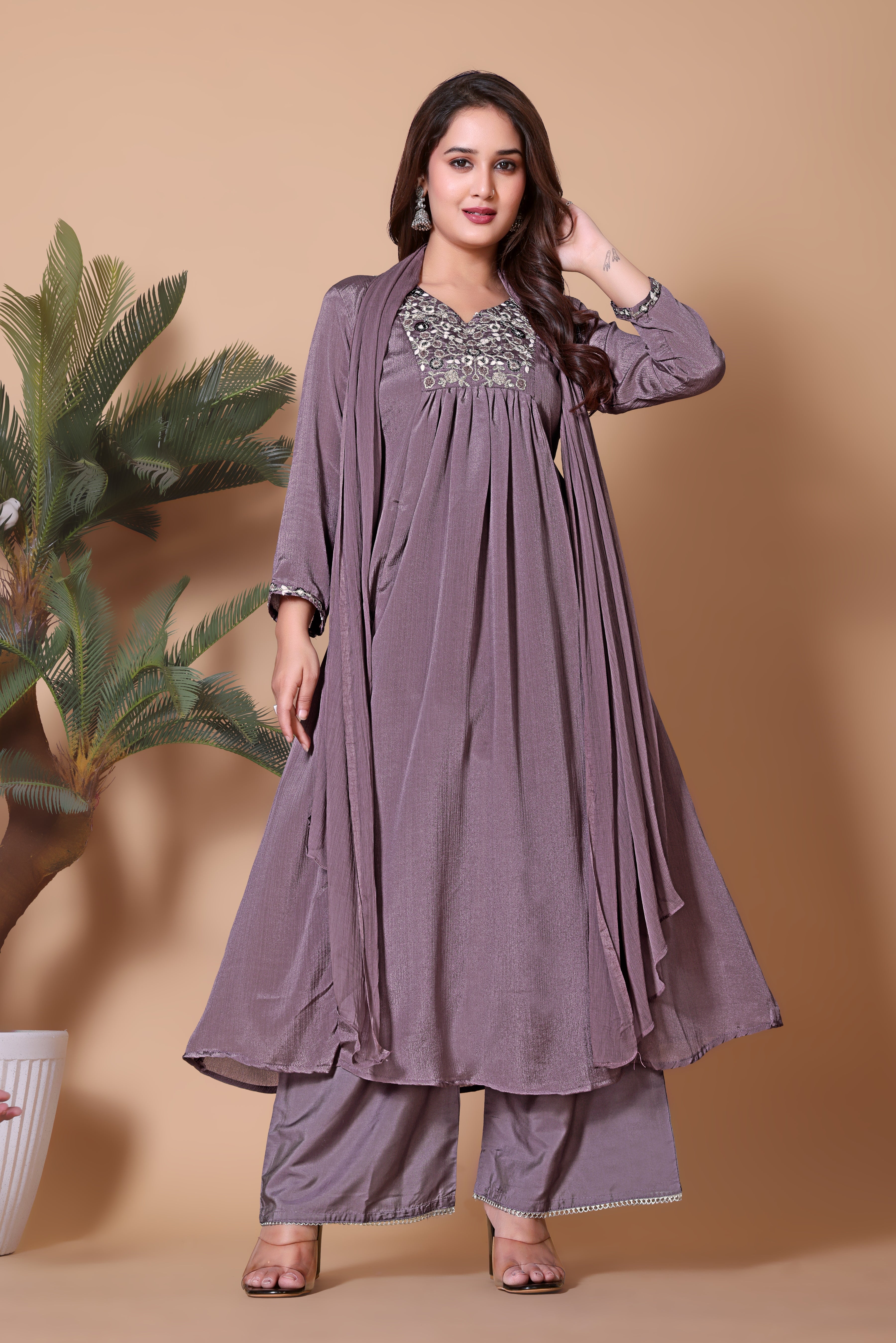 Women's Embroidered Purple Kurta Set with Dupatta and Pants