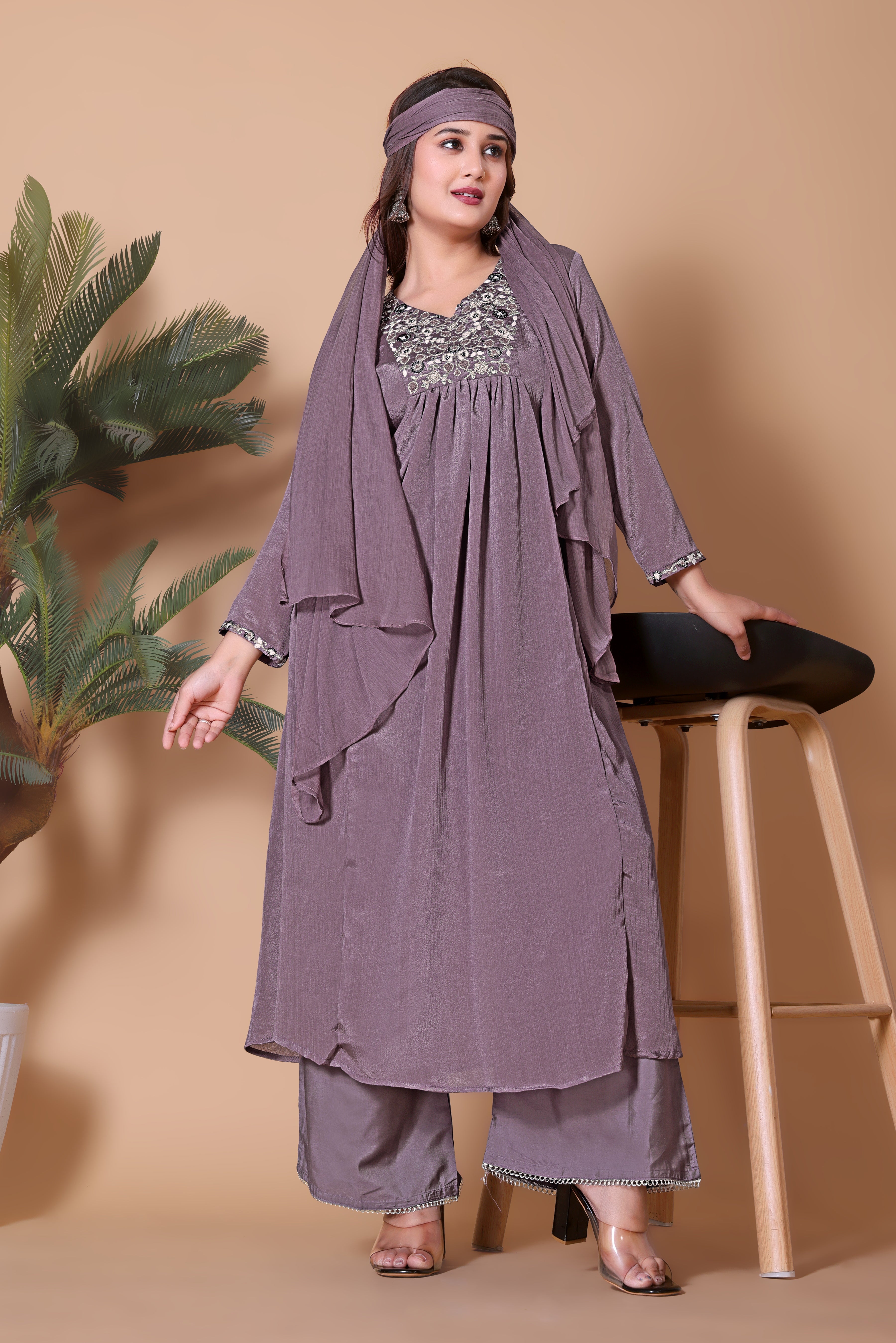 Women's Embroidered Purple Kurta Set with Dupatta and Pants