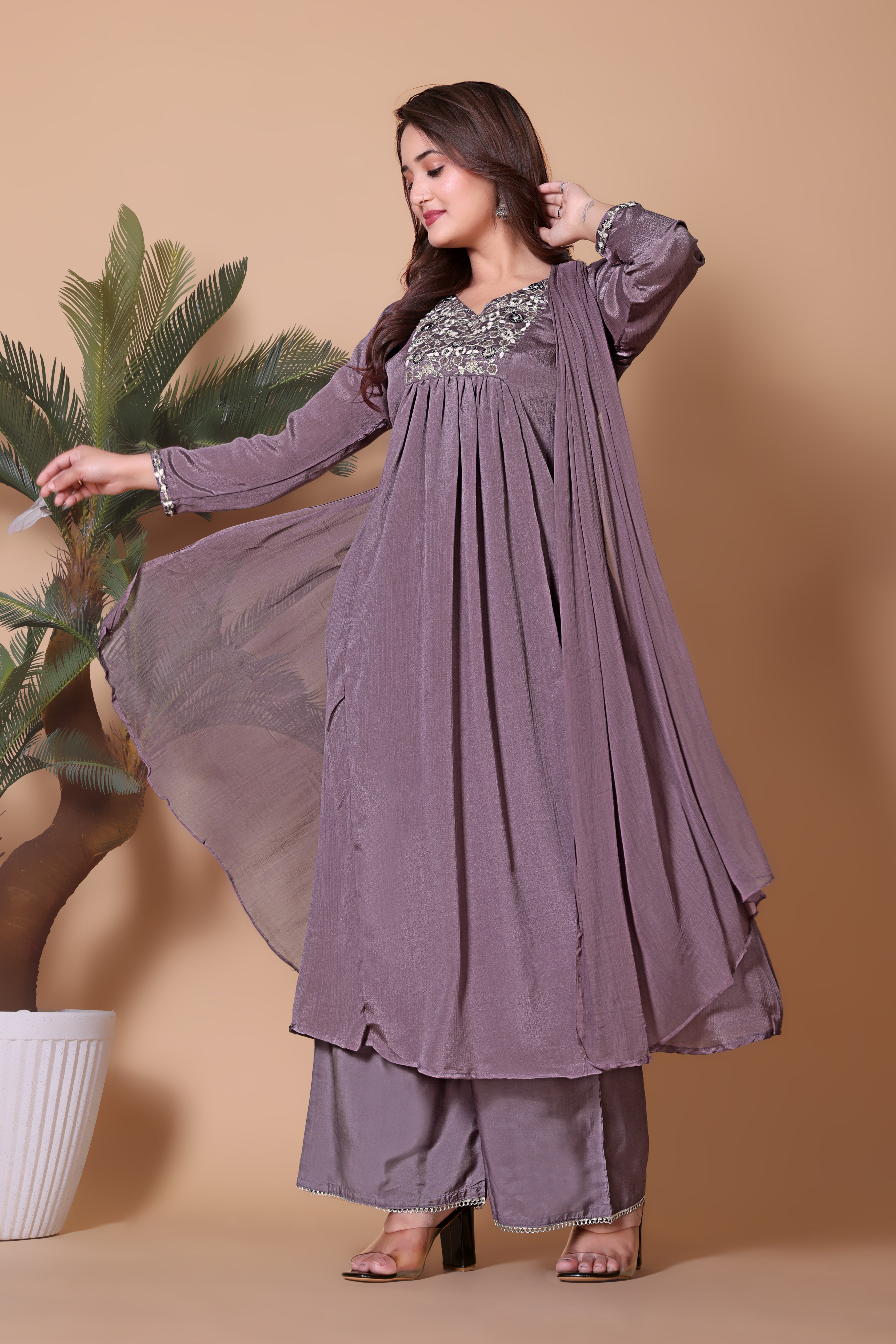 Women's Embroidered Purple Kurta Set with Dupatta and Pants