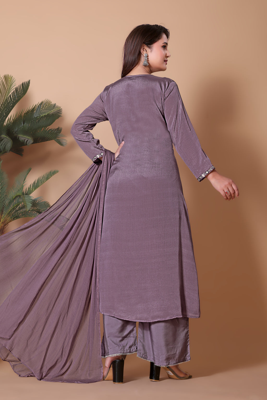 Women's Embroidered Purple Kurta Set with Dupatta and Pants