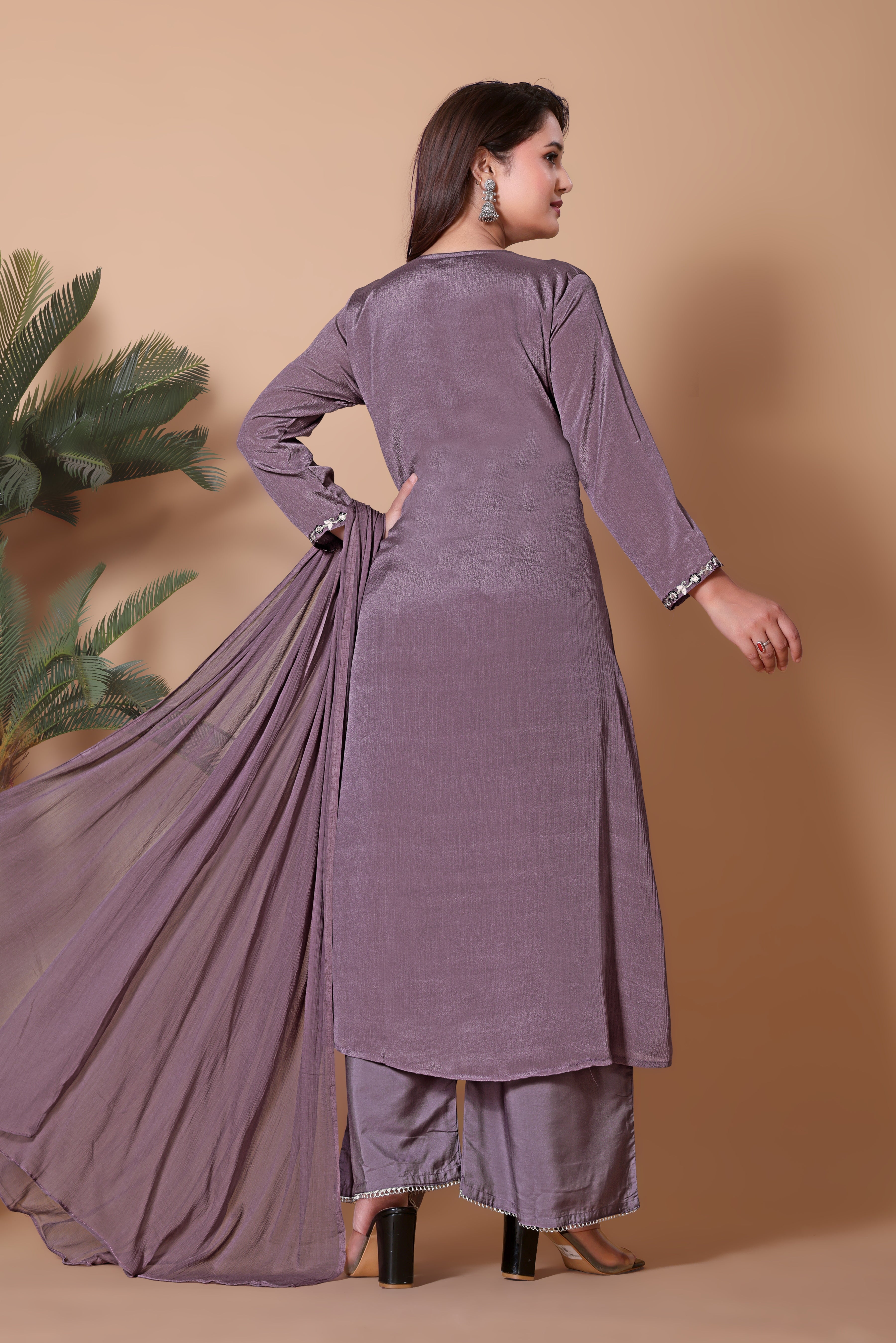 Women's Embroidered Purple Kurta Set with Dupatta and Pants