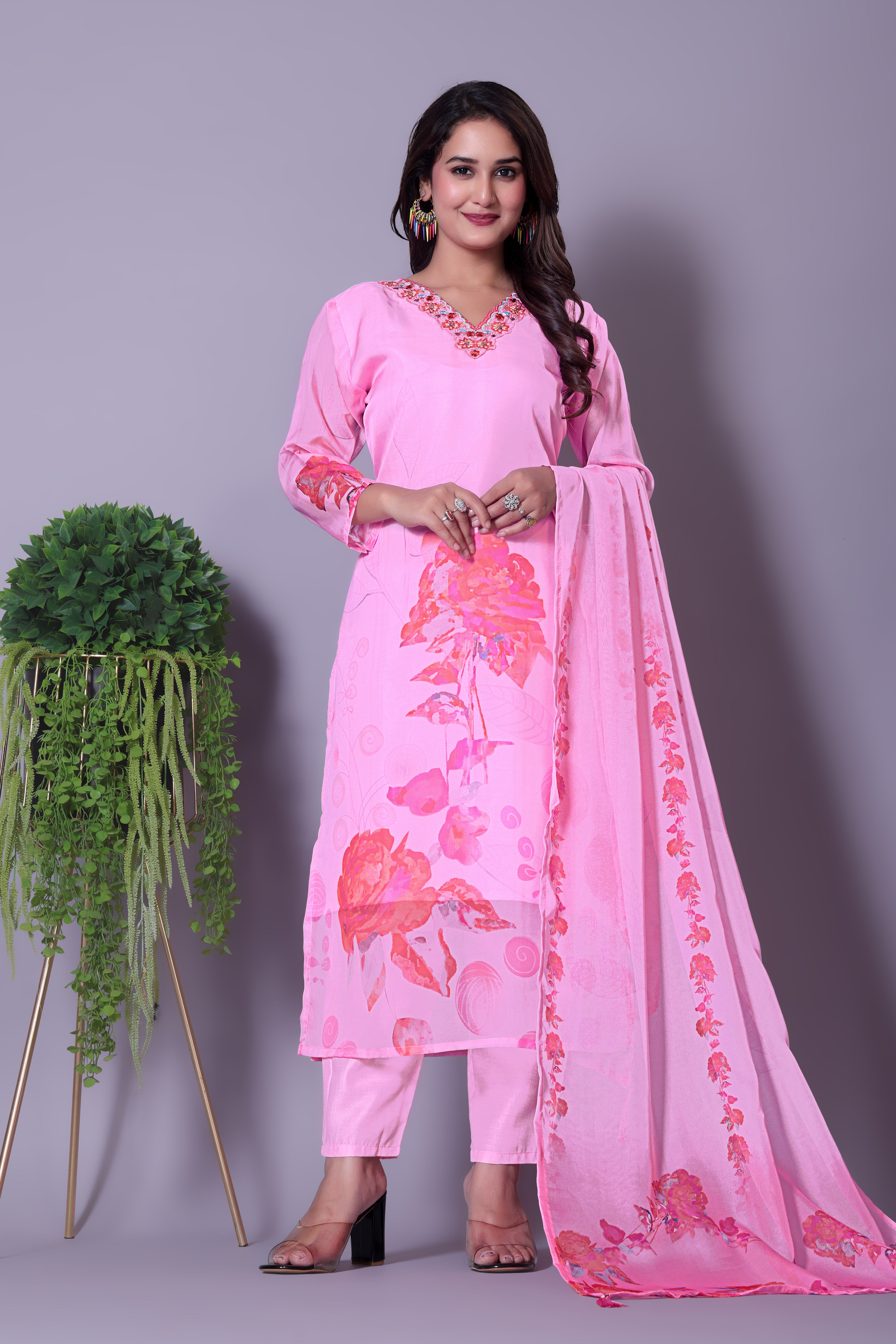 Women's Pink Floral Straight Kurta with Dupatta and Matching Pants