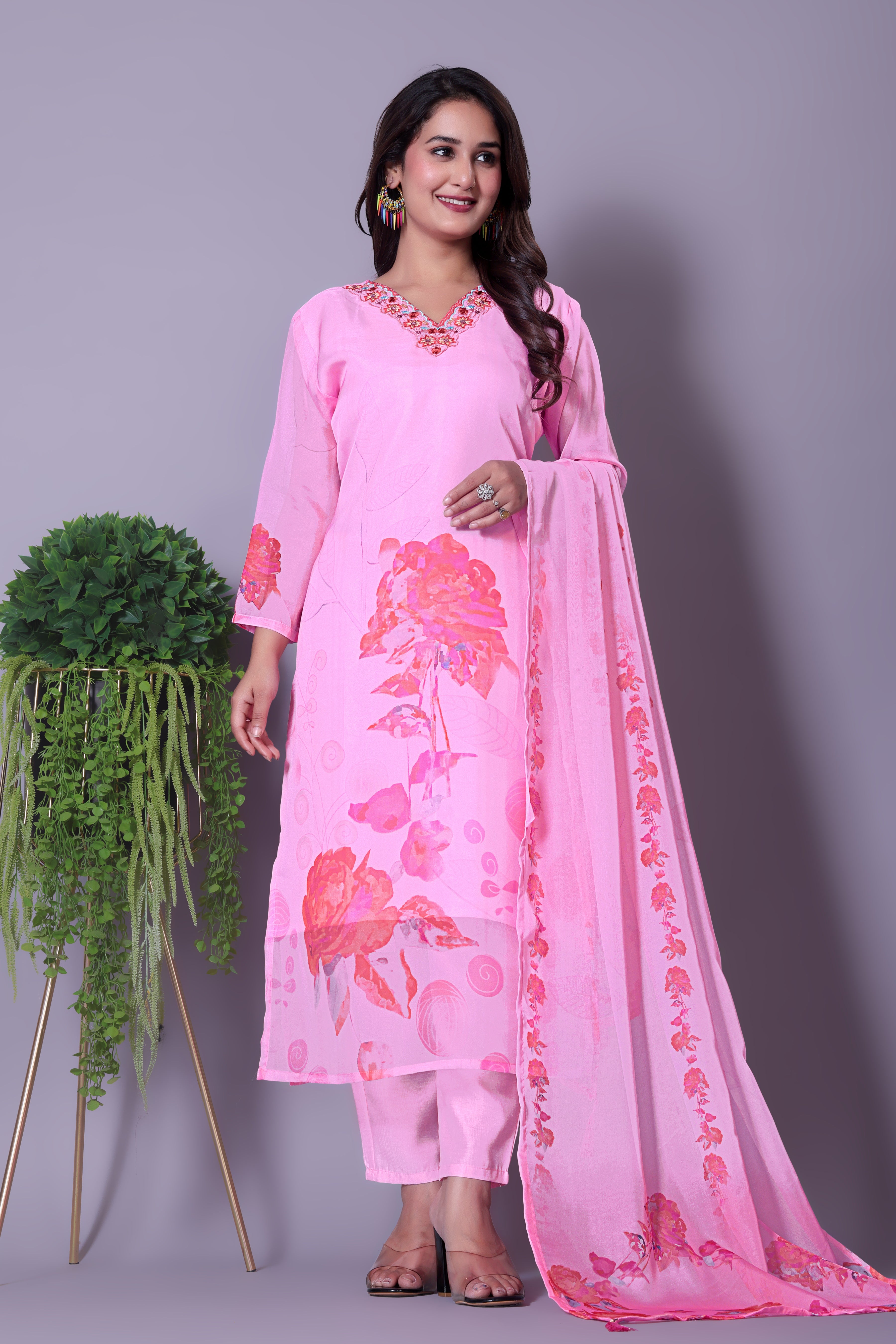 Women's Pink Floral Straight Kurta with Dupatta and Matching Pants