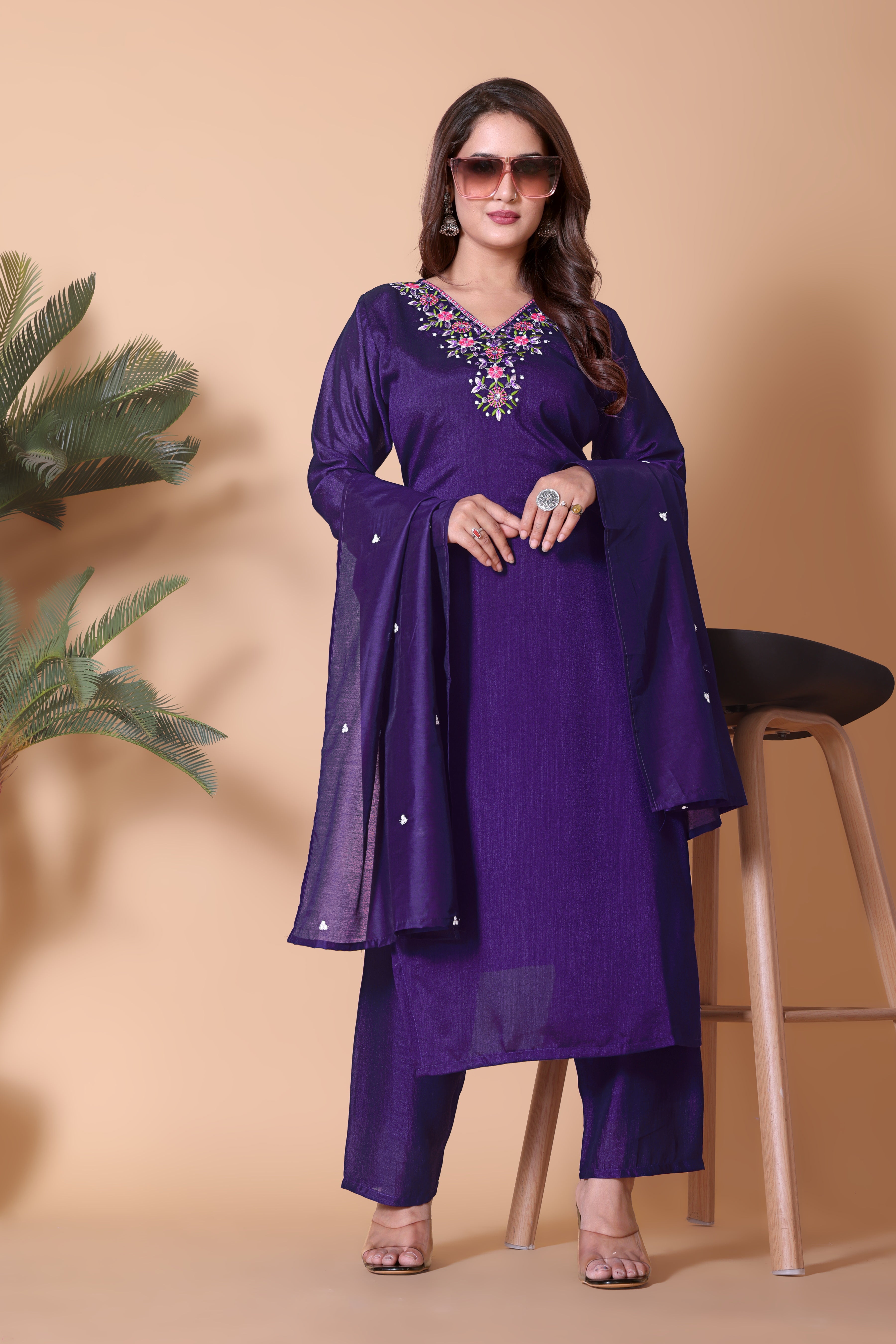 Women's Royal Purple Kurta Pant Dupatta Set with Zari Embroidery