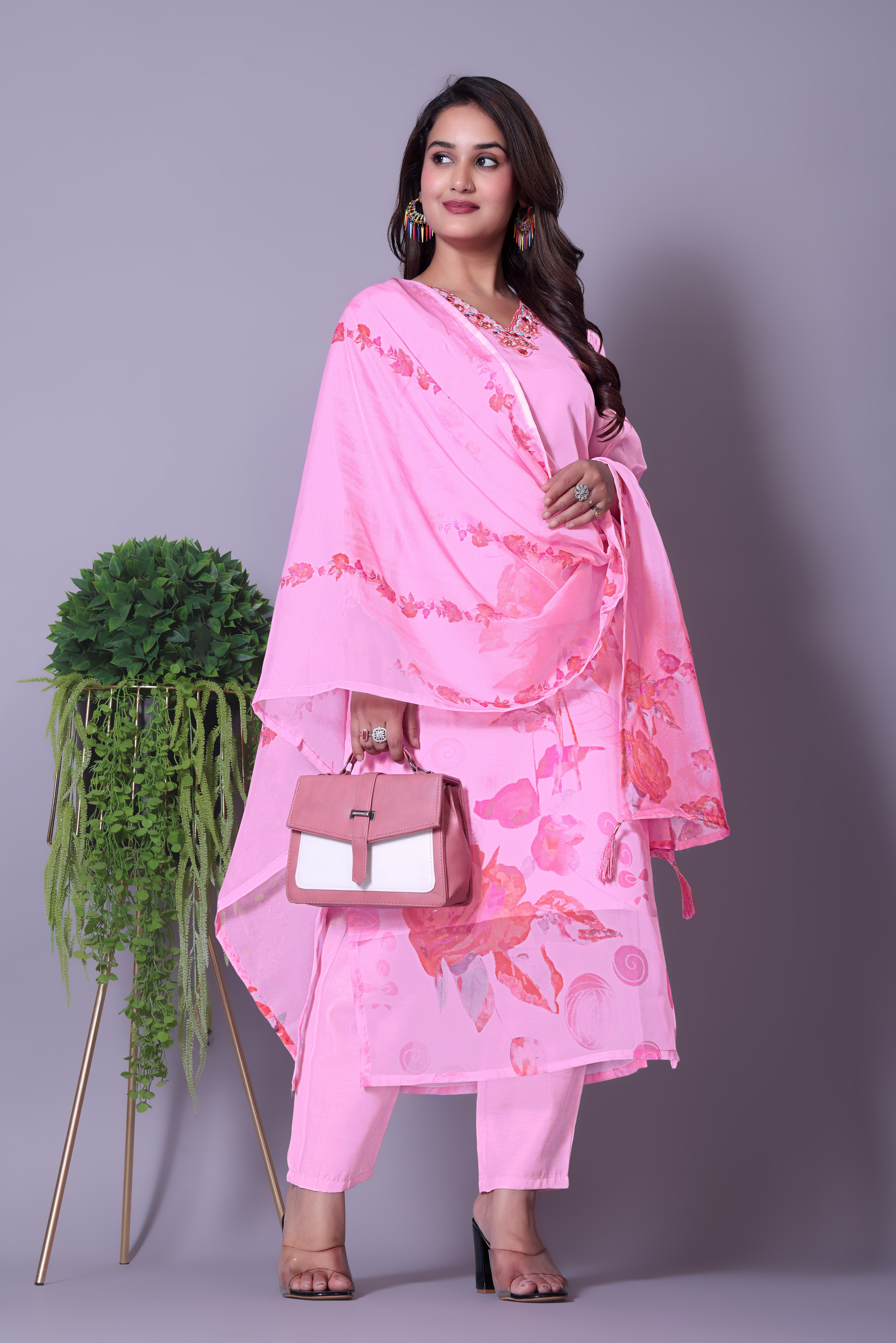 Women's Pink Floral Straight Kurta with Dupatta and Matching Pants