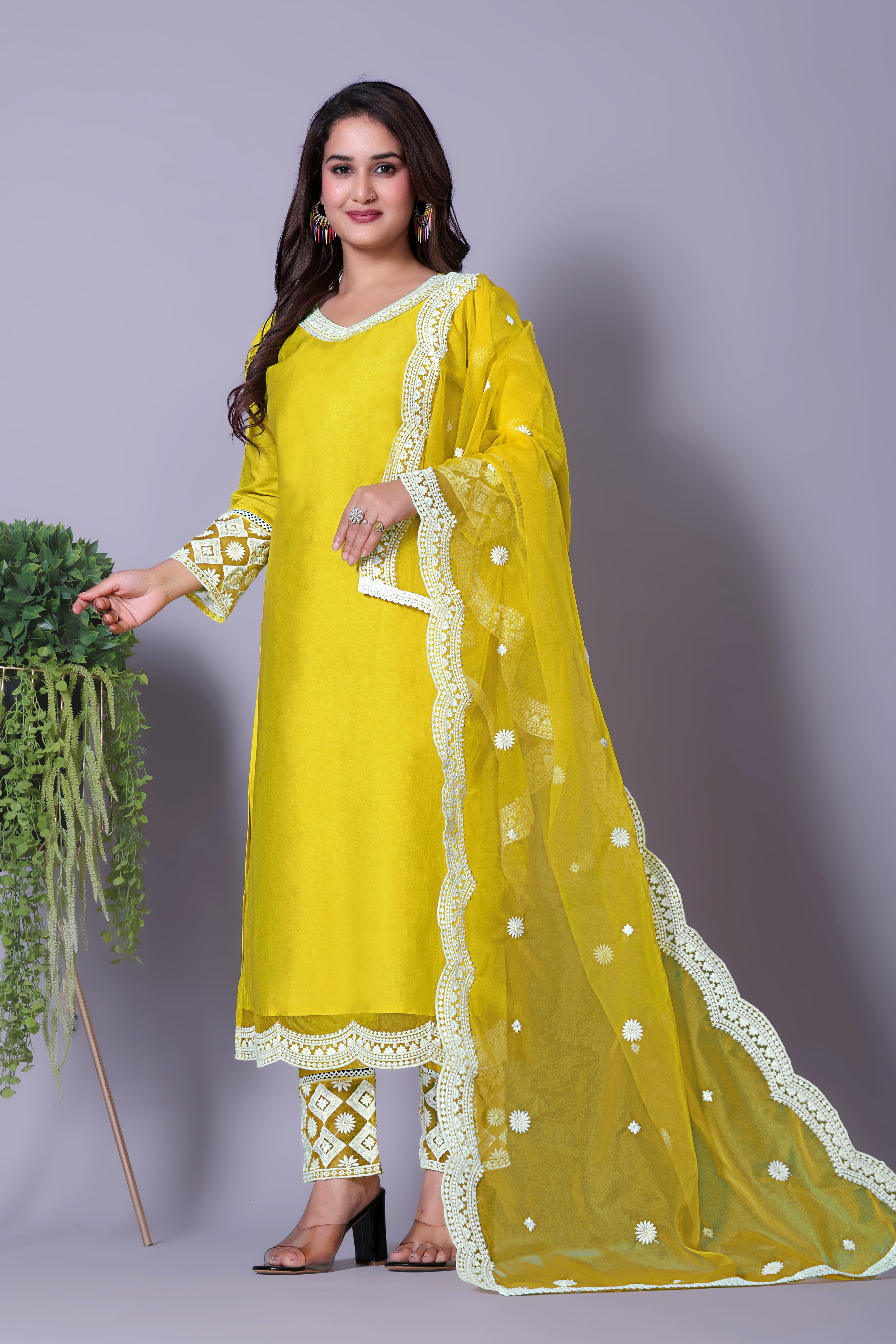 Women's Festive Yellow Kurta Set with Intricate Embroidery and Organza Dupatta