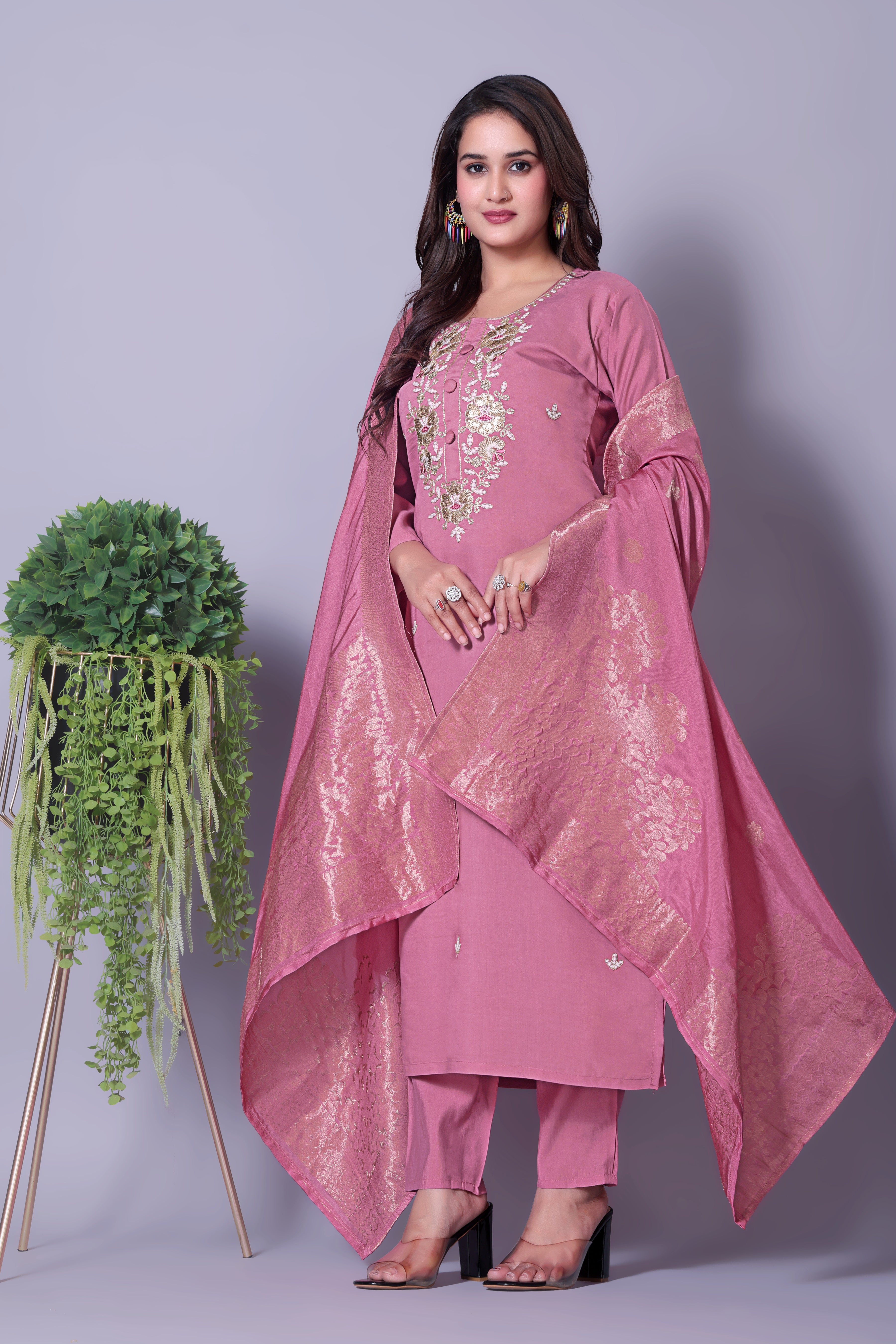 Designer Pink Salwar Suit with Intricate Embroidery & Jacquard Dupatta