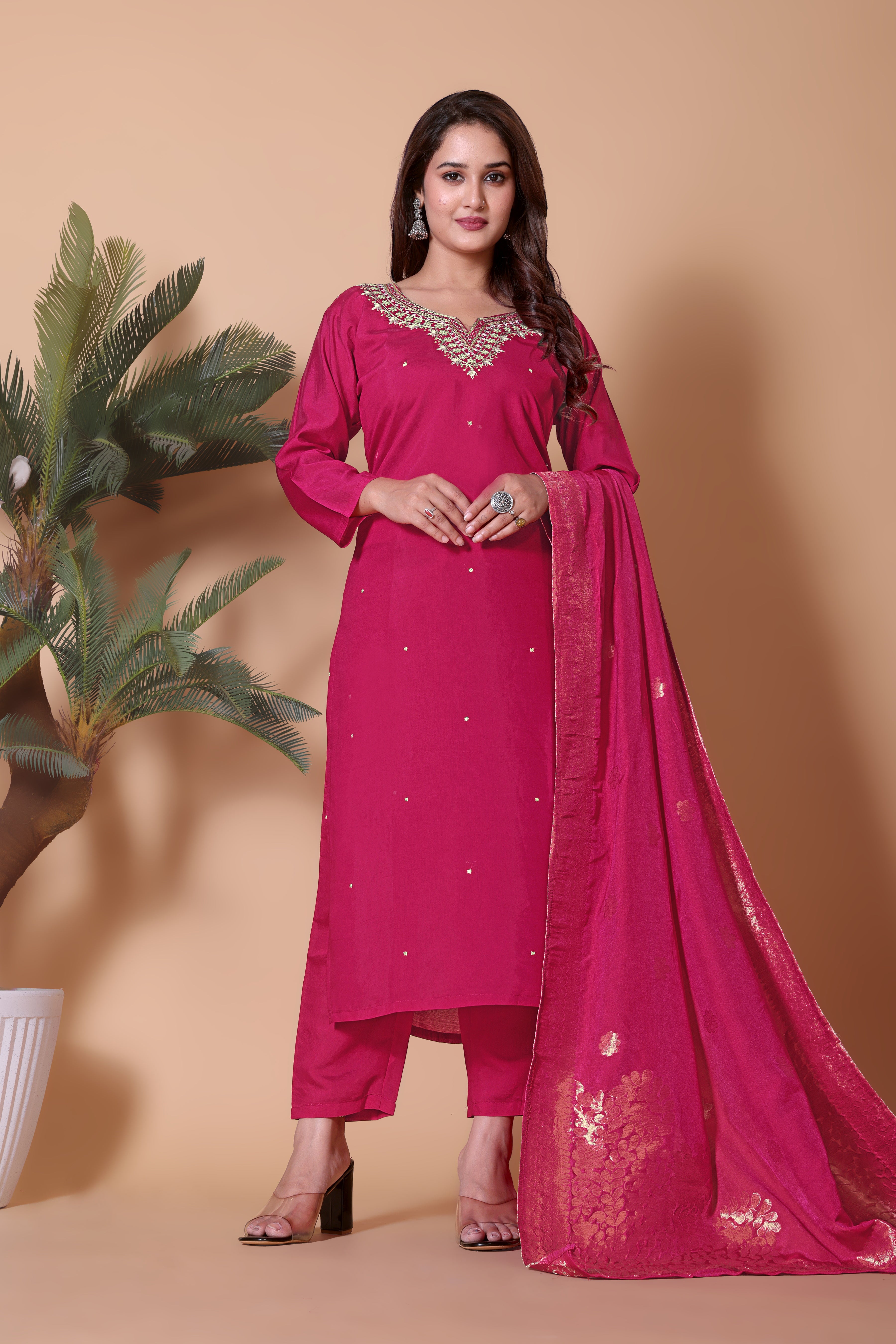 Festive Rani Pink Embroidered Kurta with Viscose Chanderi Pant and Matching Dupatta.