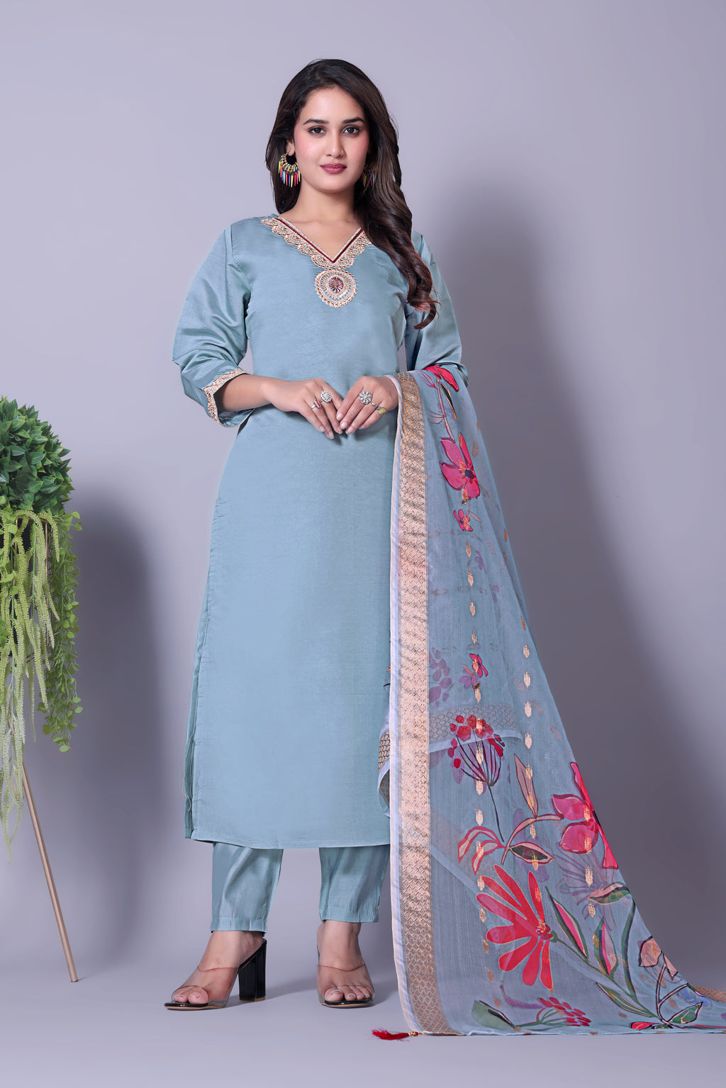 Women's Embroidered Blue Kurta Set with Dupatta and Pants