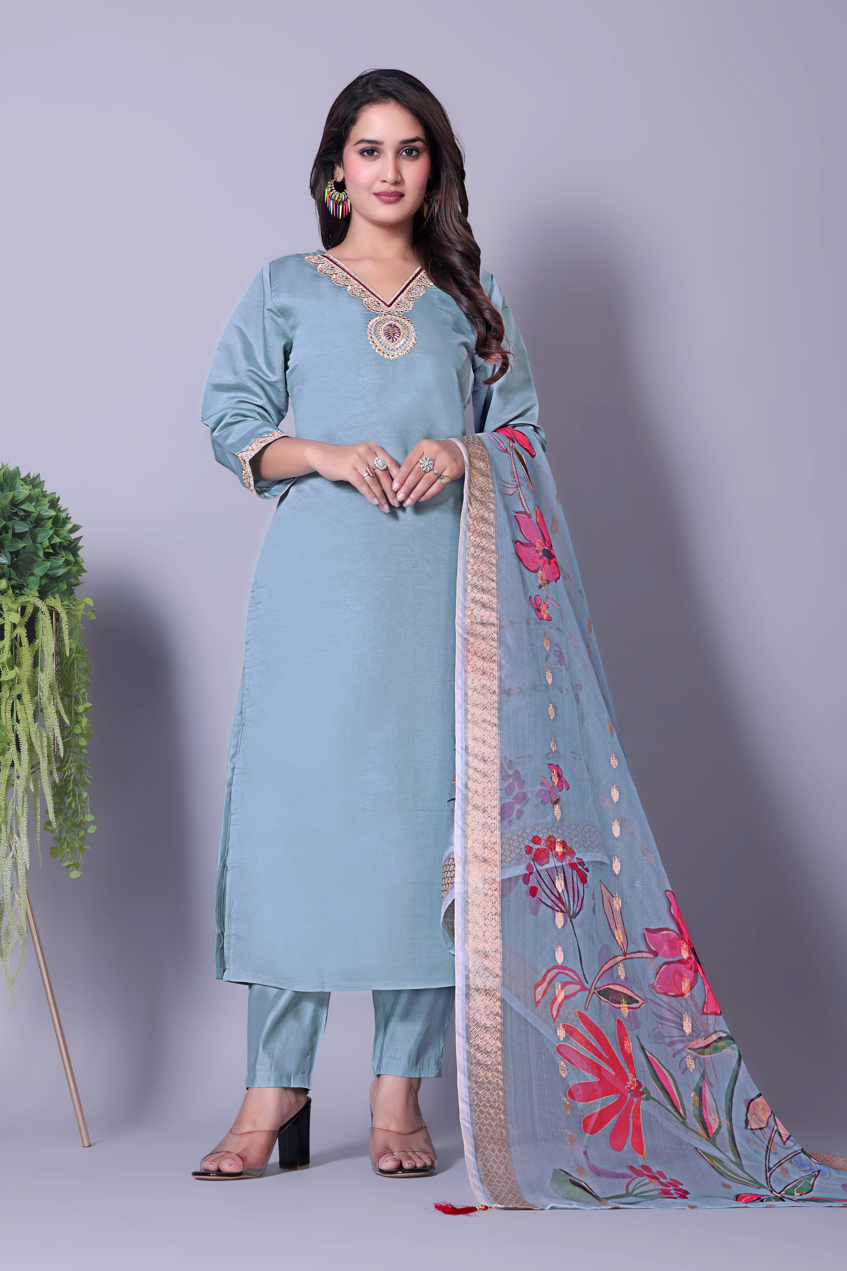 Women's Embroidered Blue Kurta Set with Dupatta and Pants