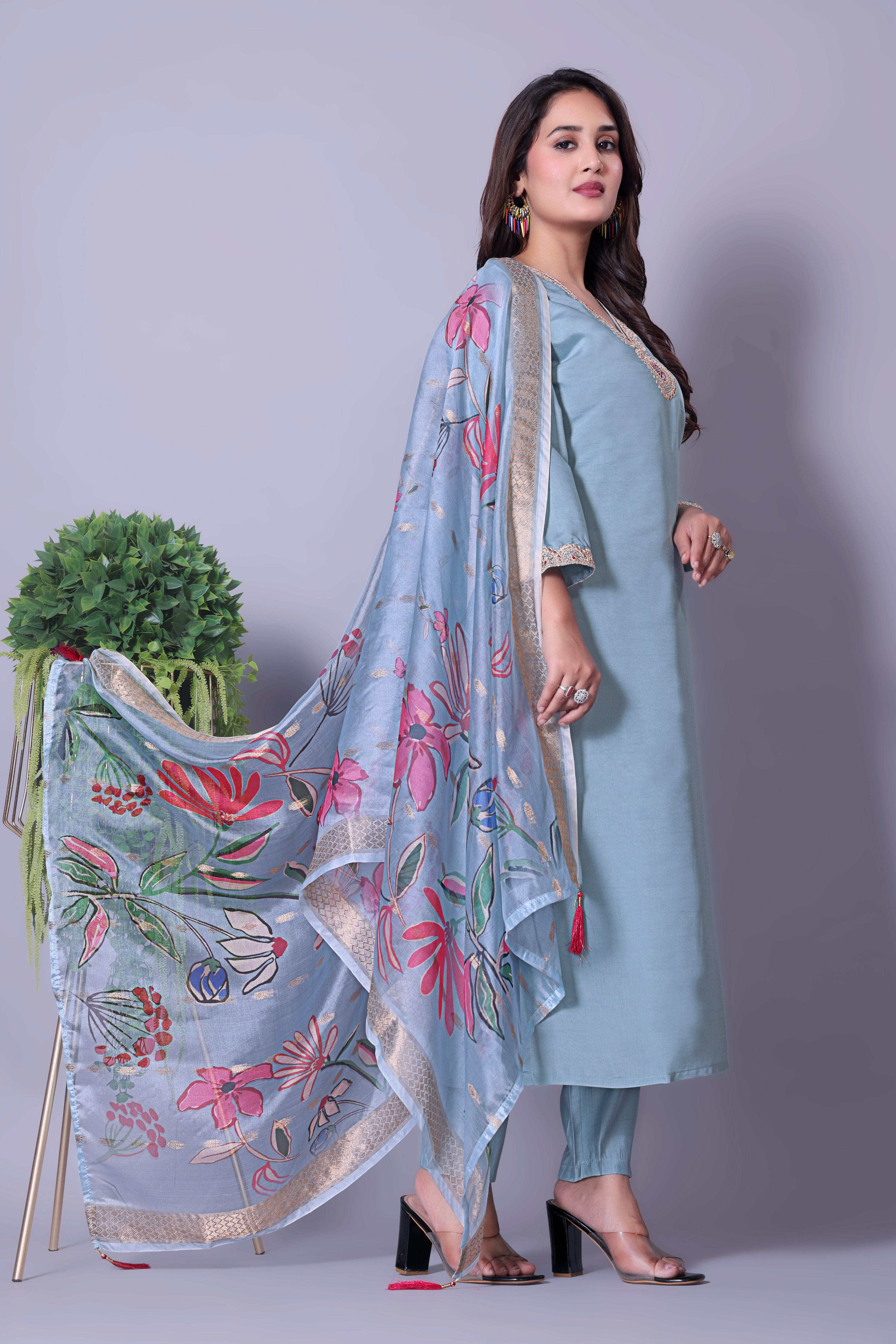 Women's Embroidered Blue Kurta Set with Dupatta and Pants