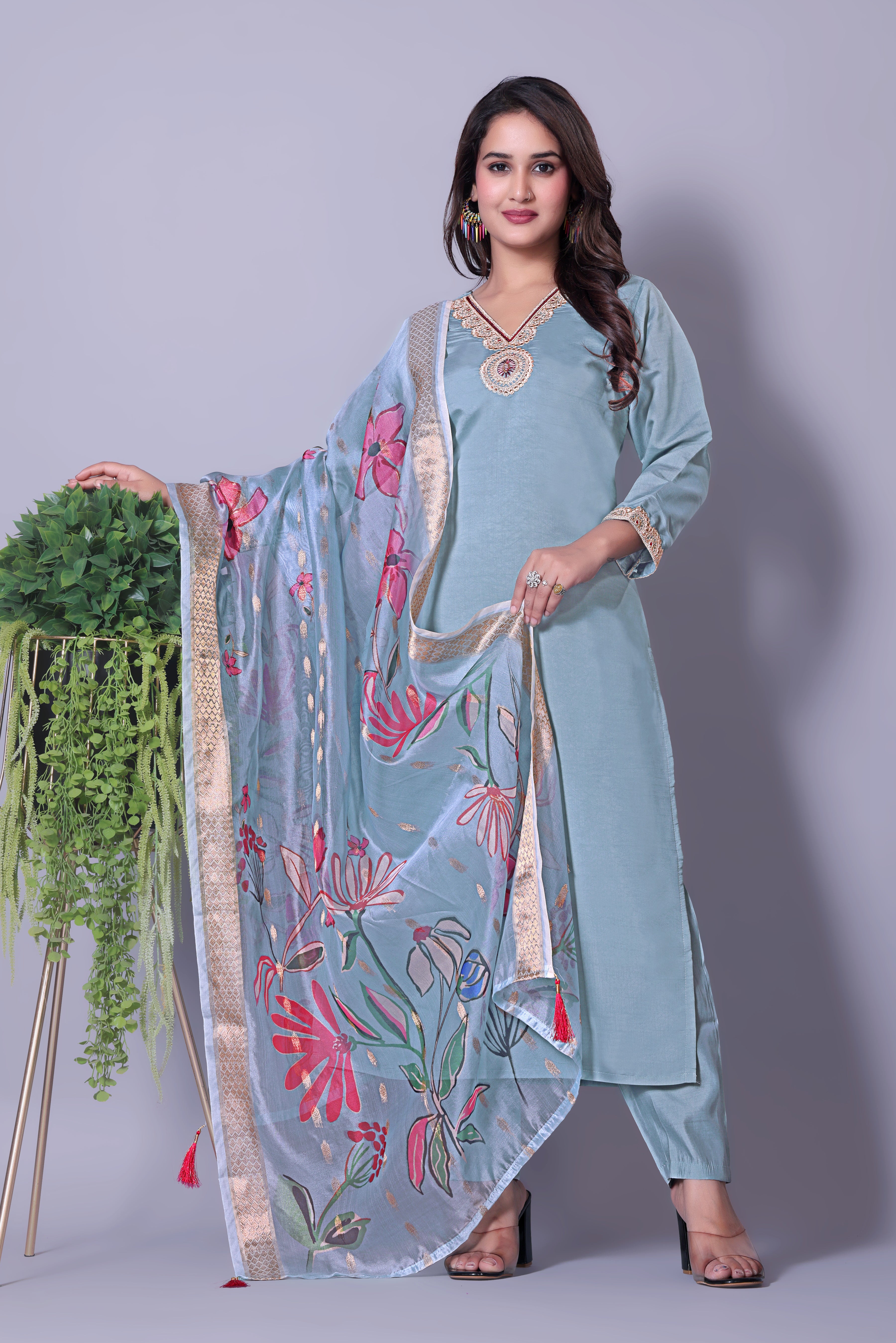 Women's Embroidered Blue Kurta Set with Dupatta and Pants