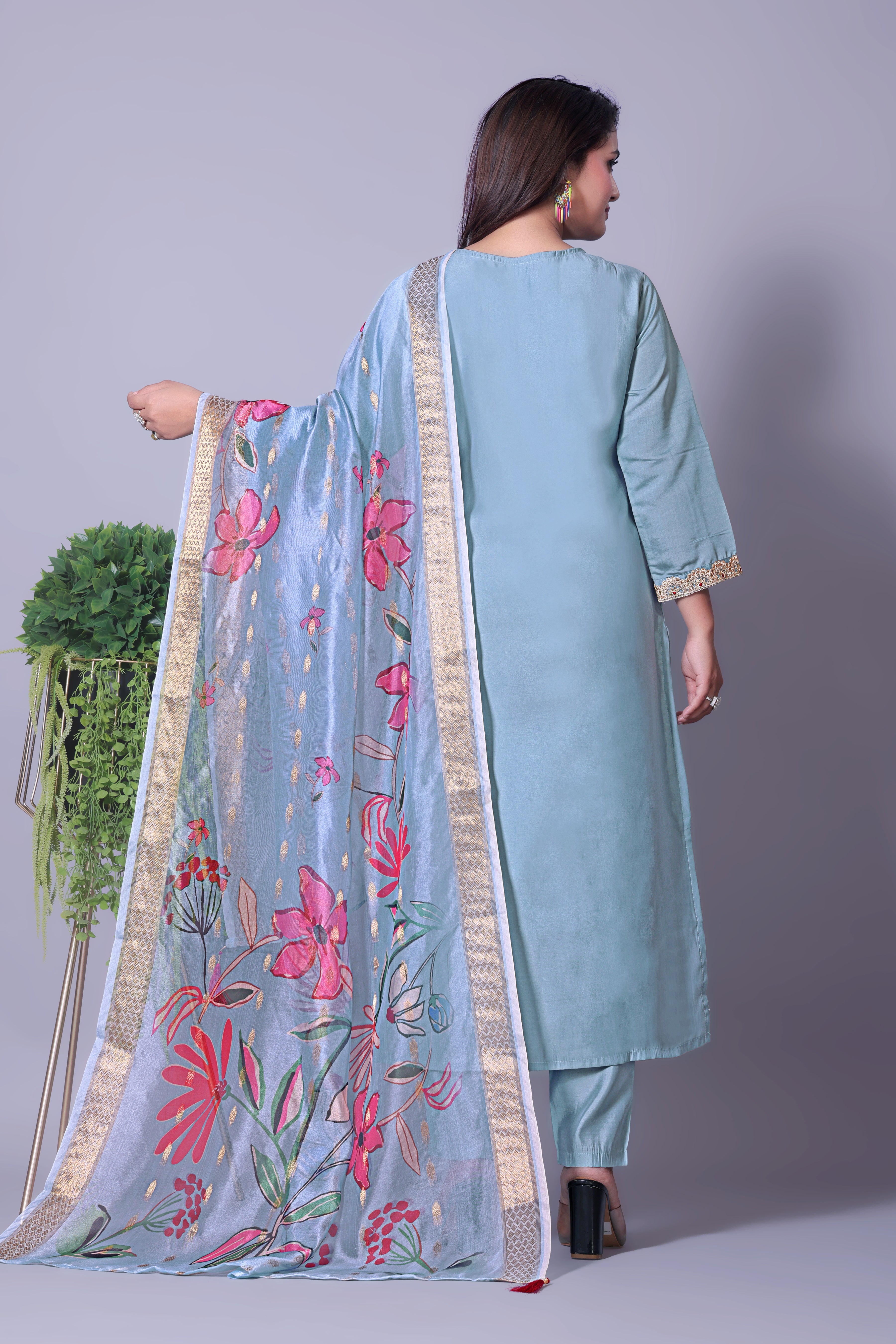 Women's Embroidered Blue Kurta Set with Dupatta and Pants