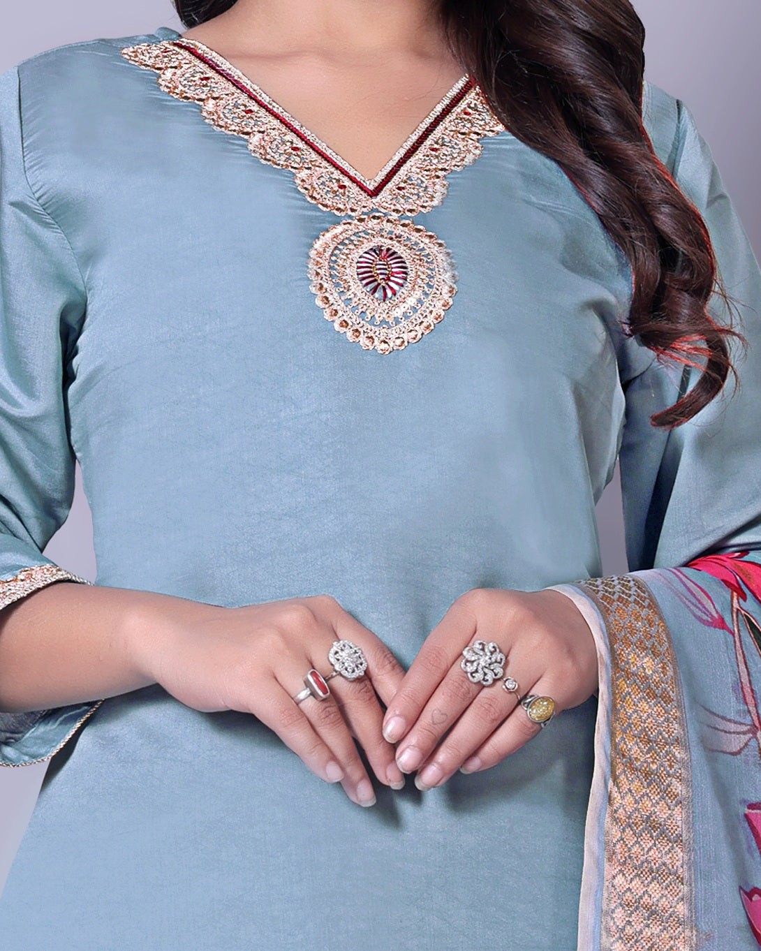 Women's Embroidered Blue Kurta Set with Dupatta and Pants