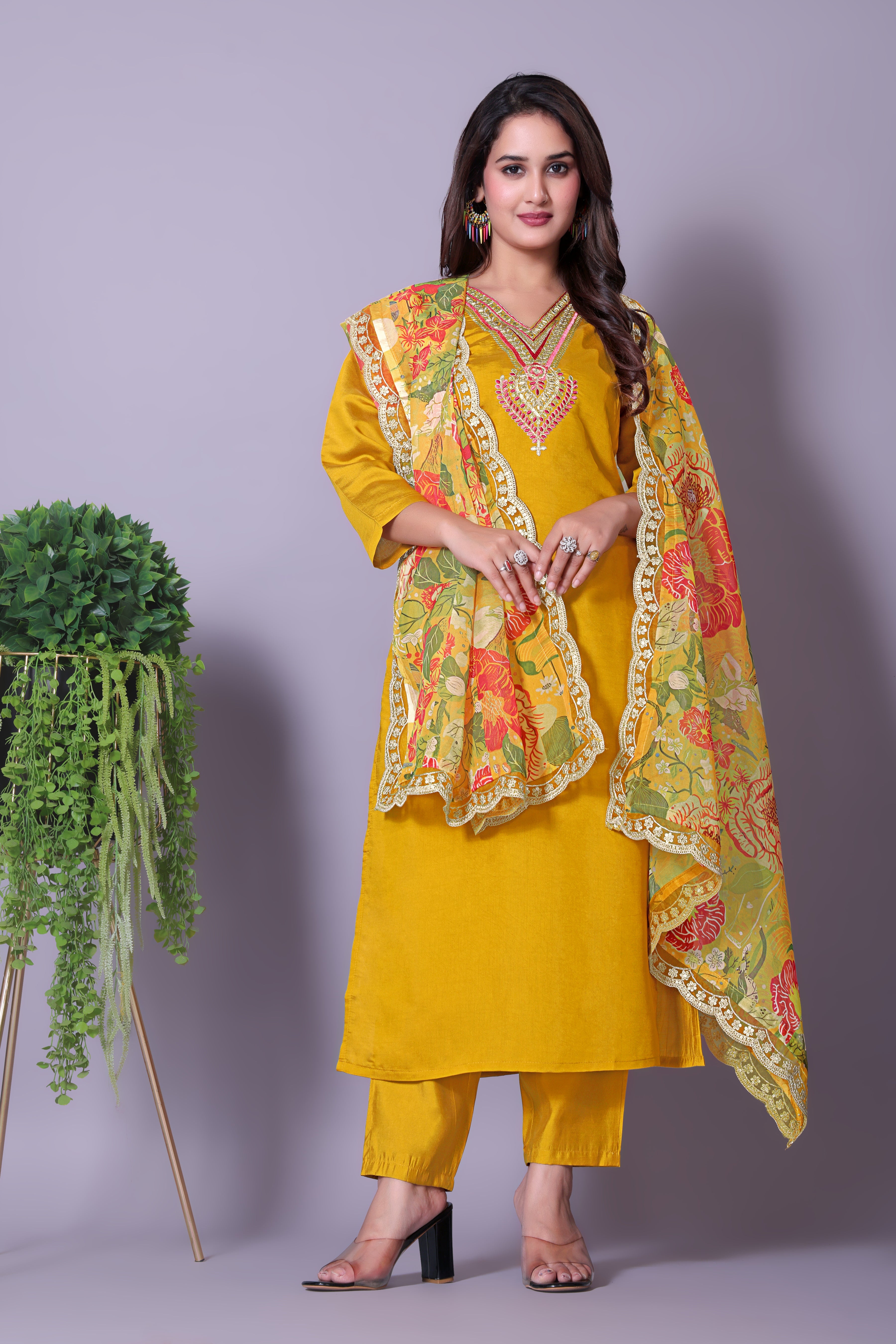 Women's Embroidered Yellow Kurta Set with Dupatta and Pants
