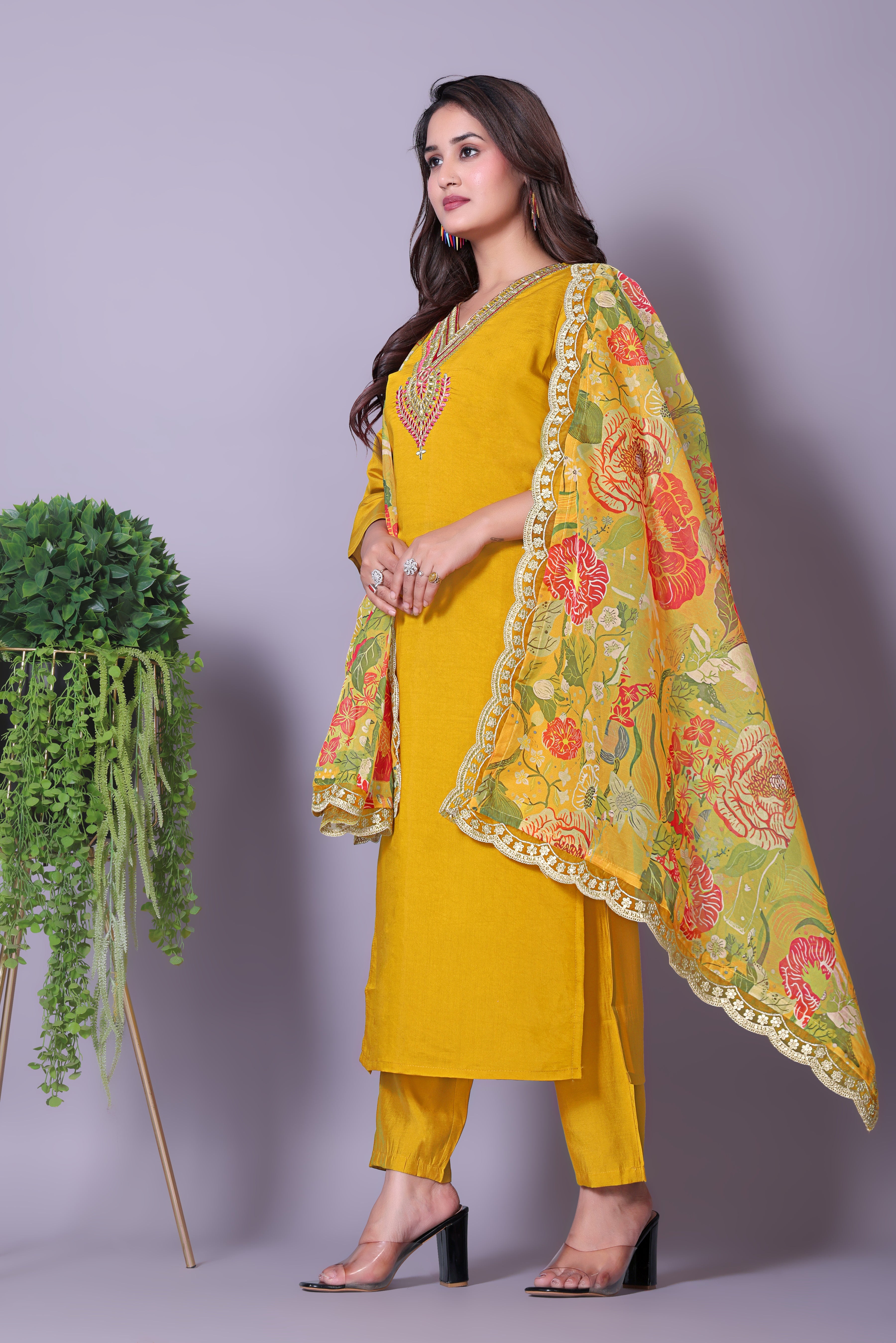 Women's Embroidered Yellow Kurta Set with Dupatta and Pants