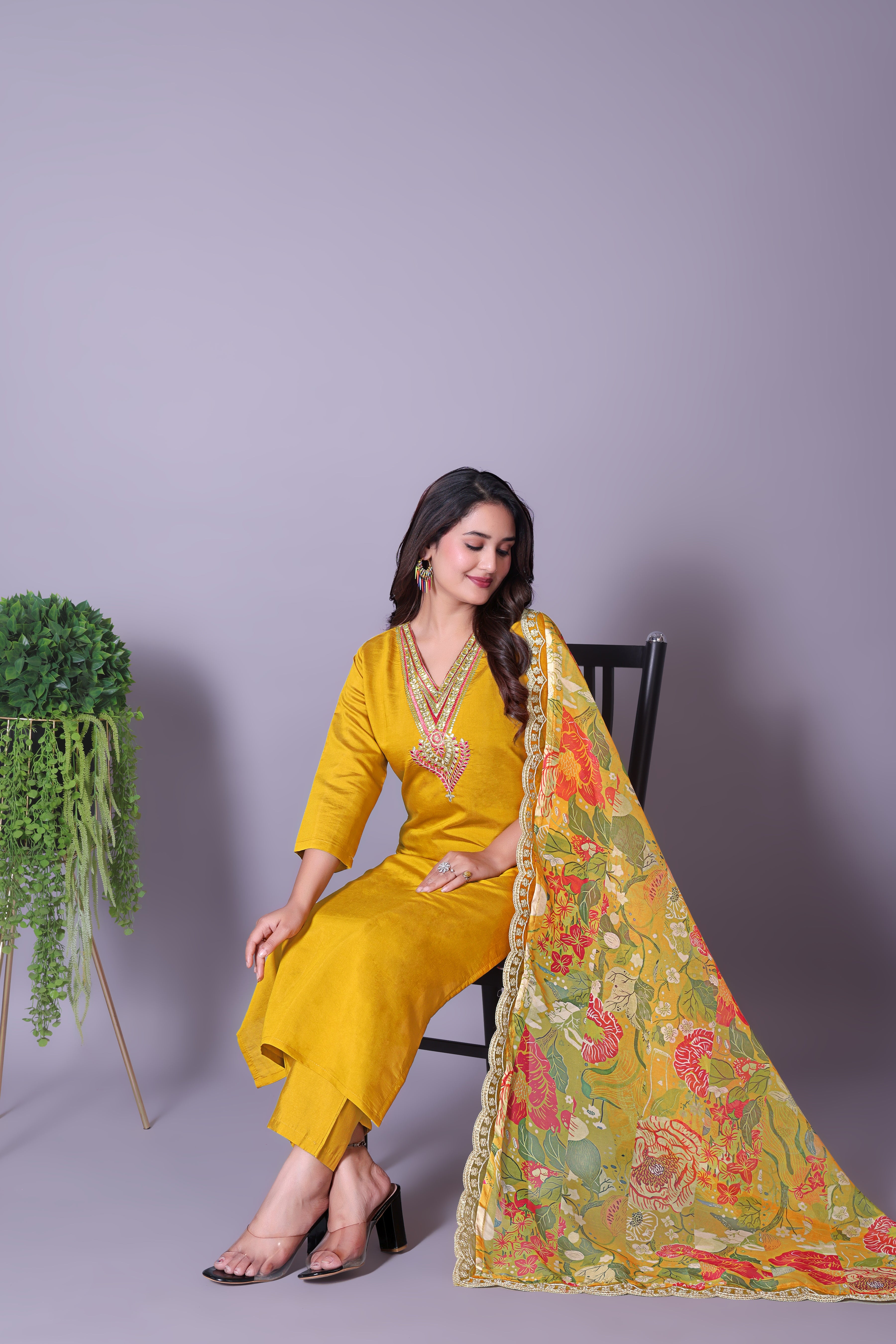Women's Embroidered Yellow Kurta Set with Dupatta and Pants