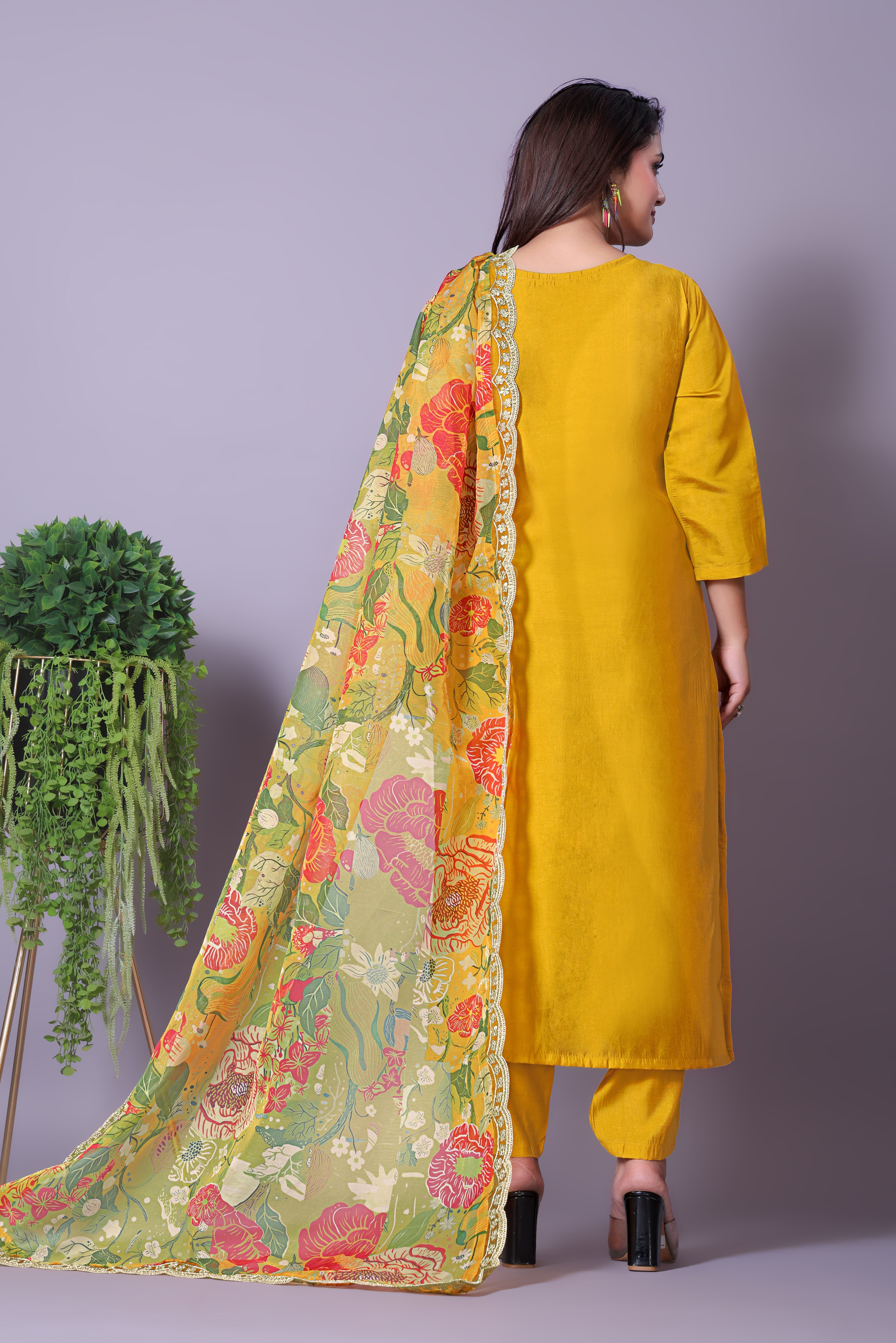 Women's Embroidered Yellow Kurta Set with Dupatta and Pants