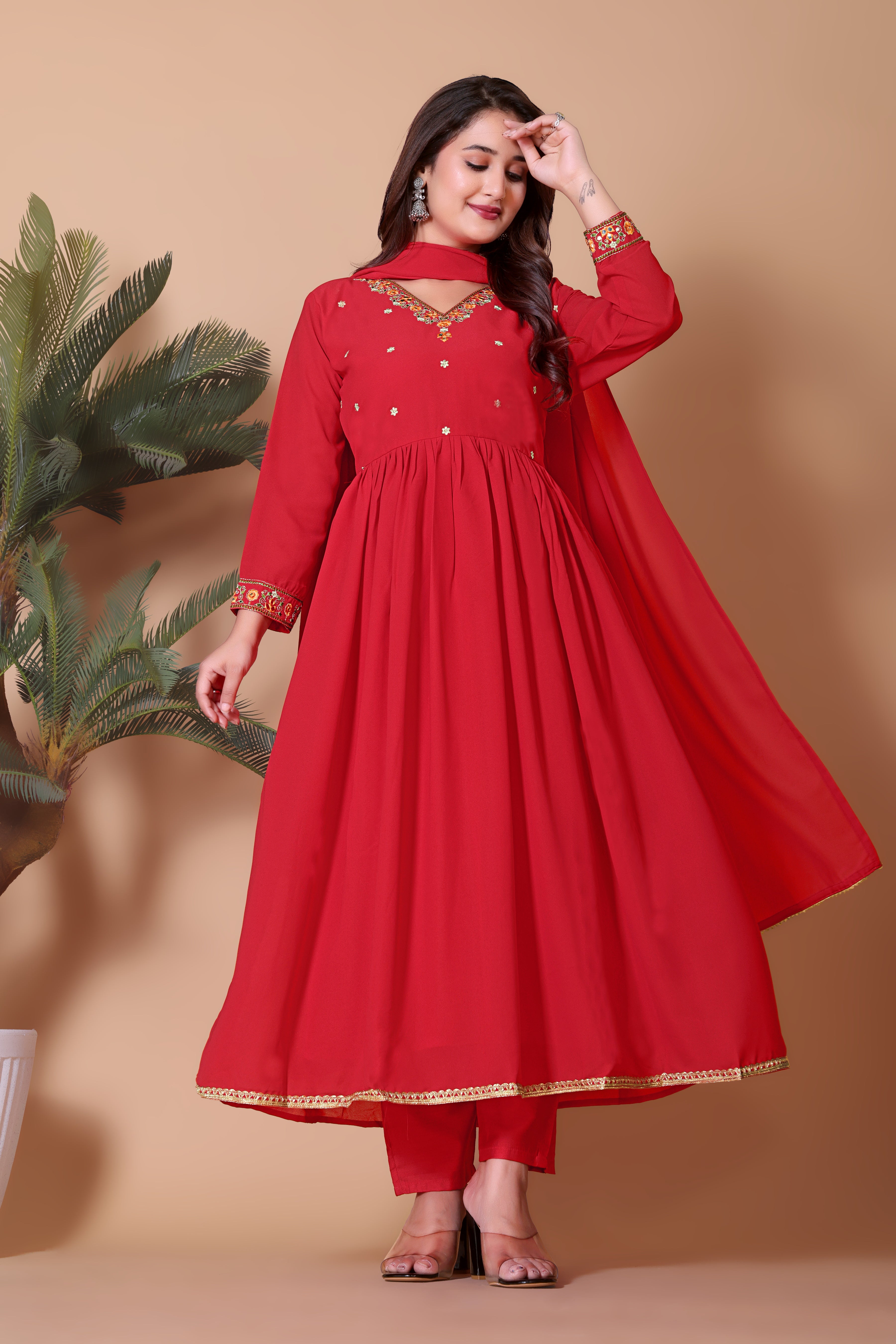 Women's Embroidered Red Kurta Set with Dupatta and Pants
