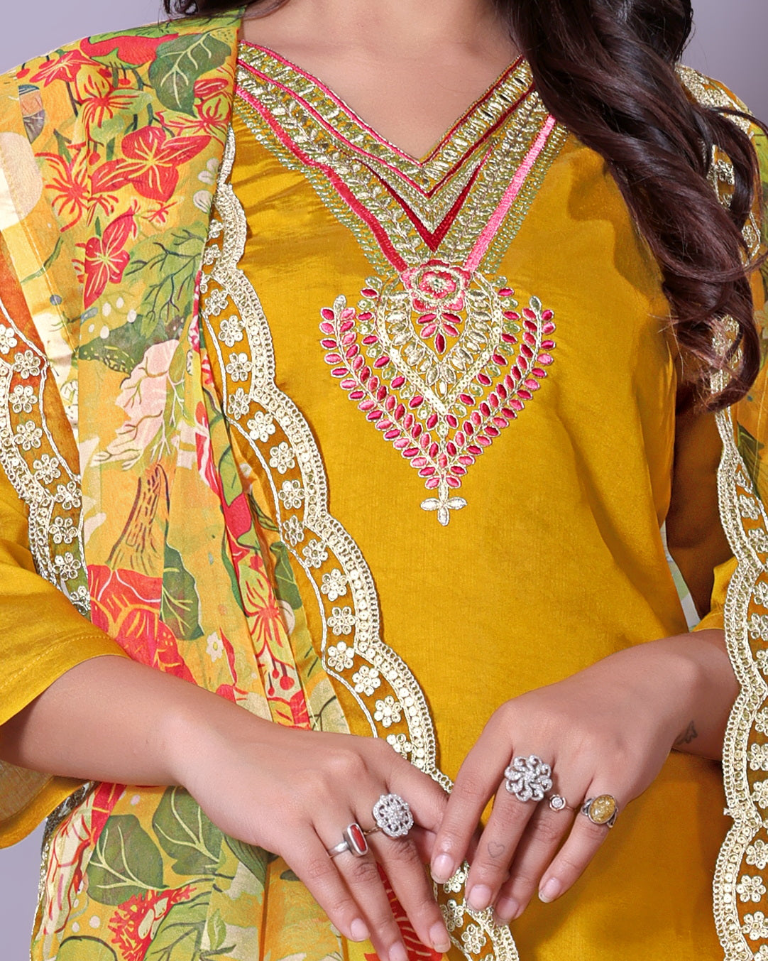 Women's Embroidered Yellow Kurta Set with Dupatta and Pants