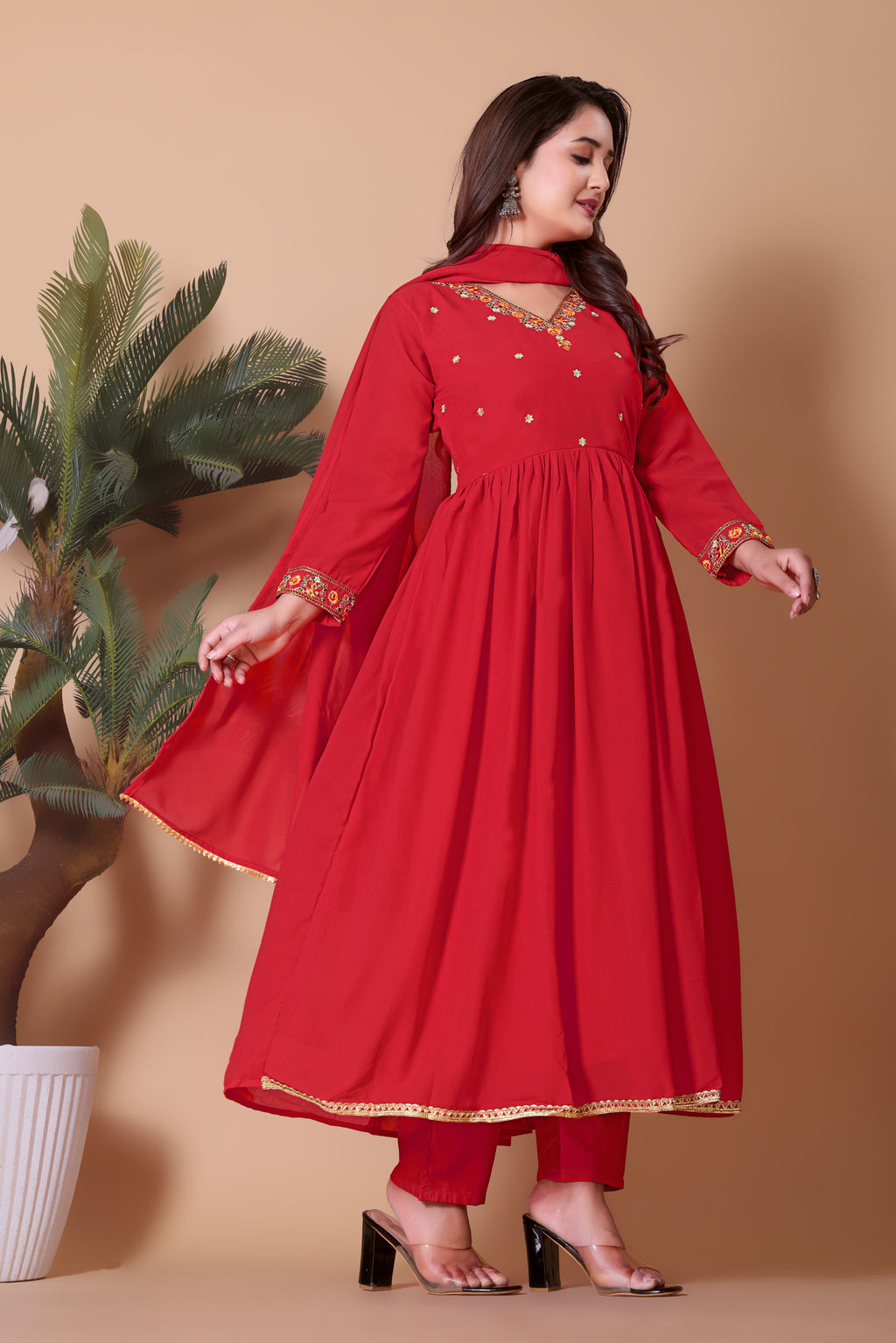 Women's Embroidered Red Kurta Set with Dupatta and Pants