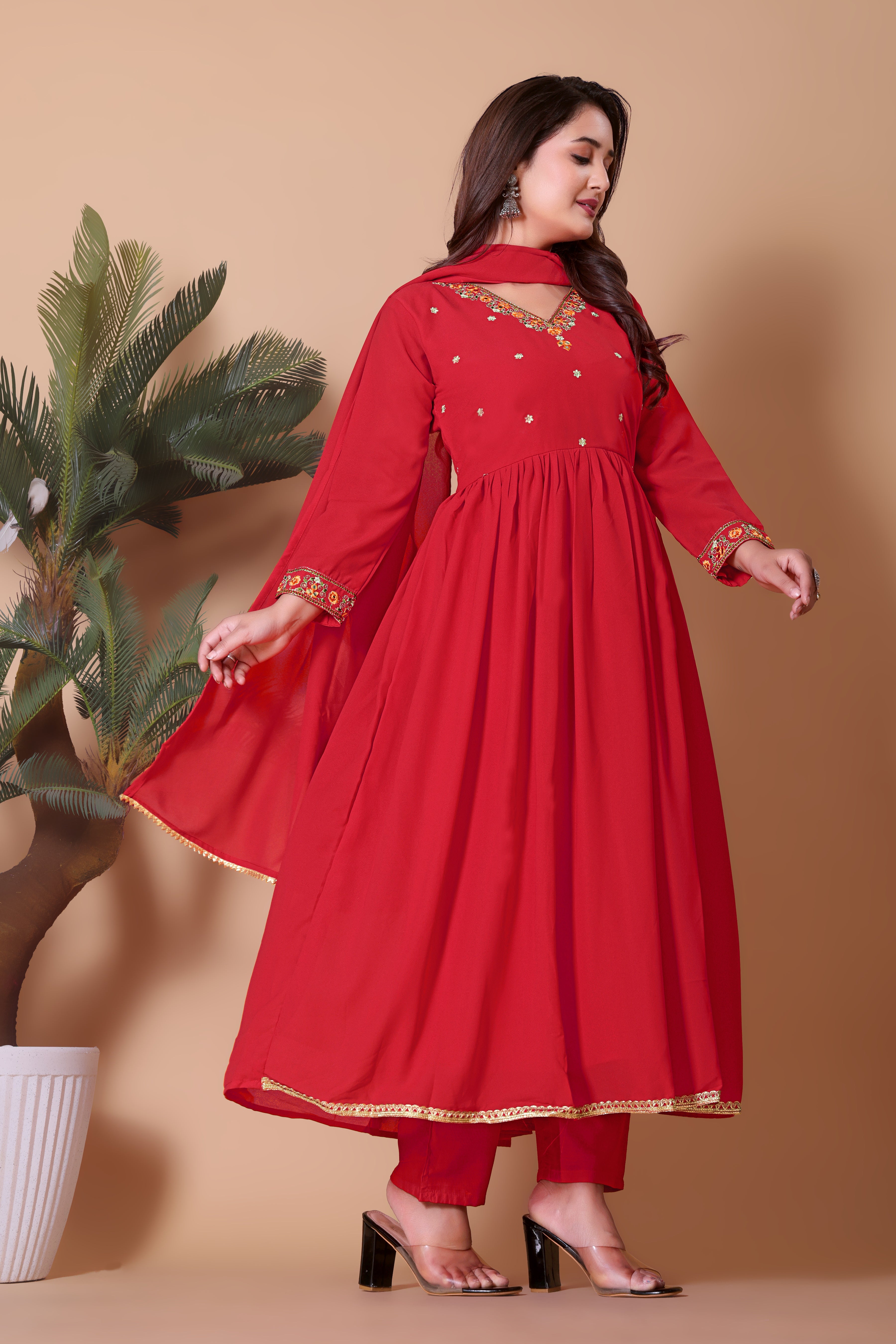 Women's Embroidered Red Kurta Set with Dupatta and Pants
