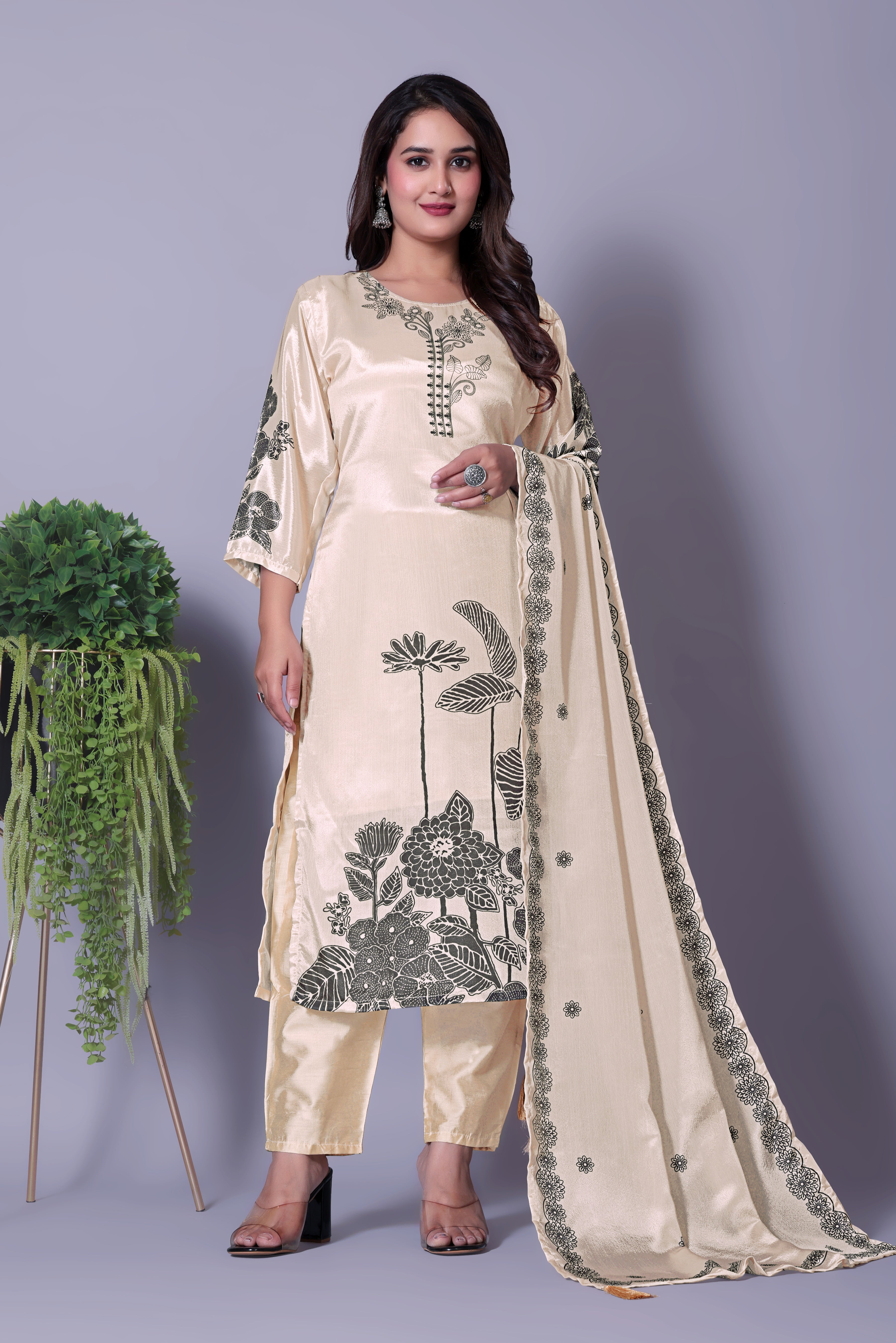 Women's Cream Silk Blend Kurti Set with Black Floral Print & Dupatta
