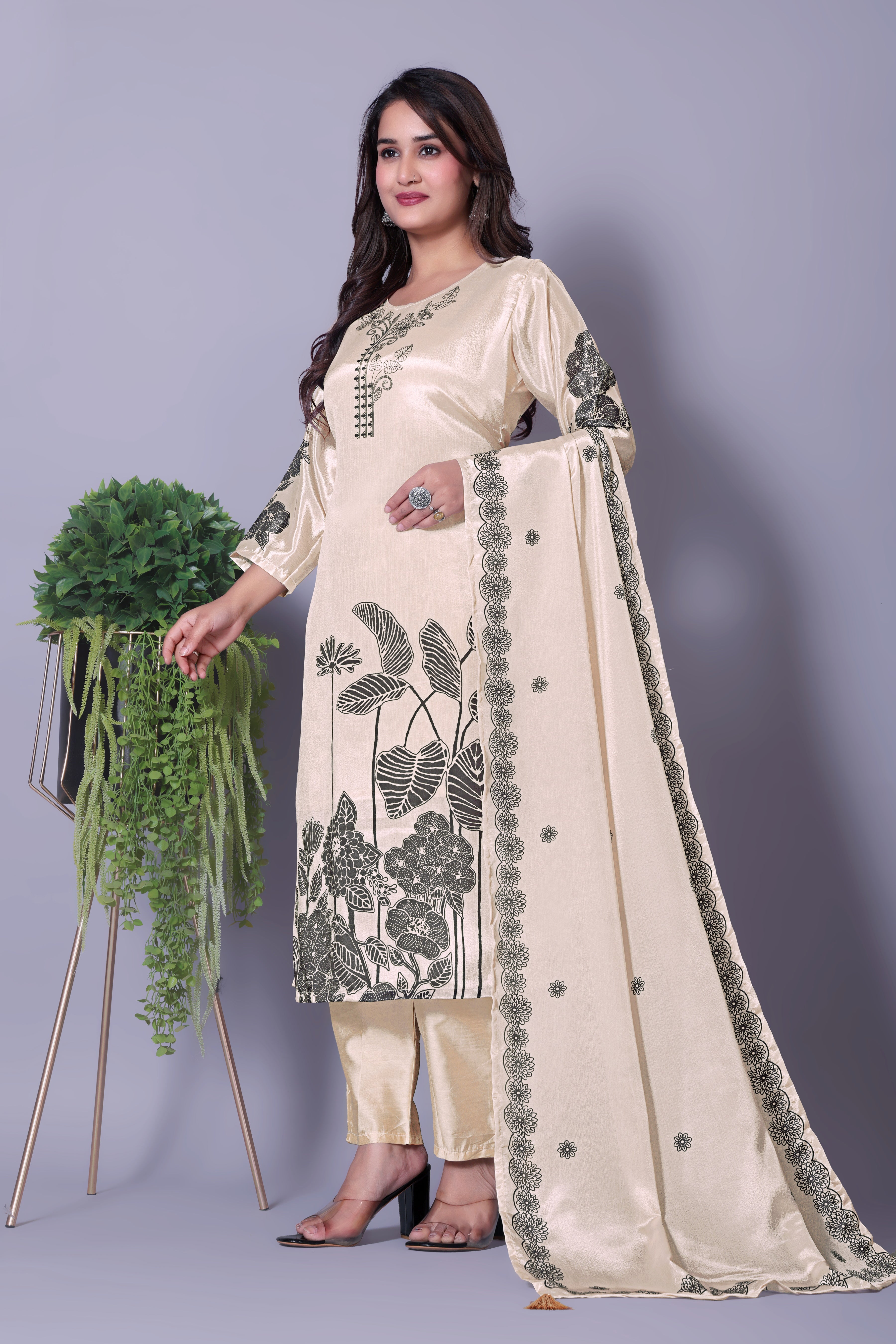 Women's Cream Silk Blend Kurti Set with Black Floral Print & Dupatta