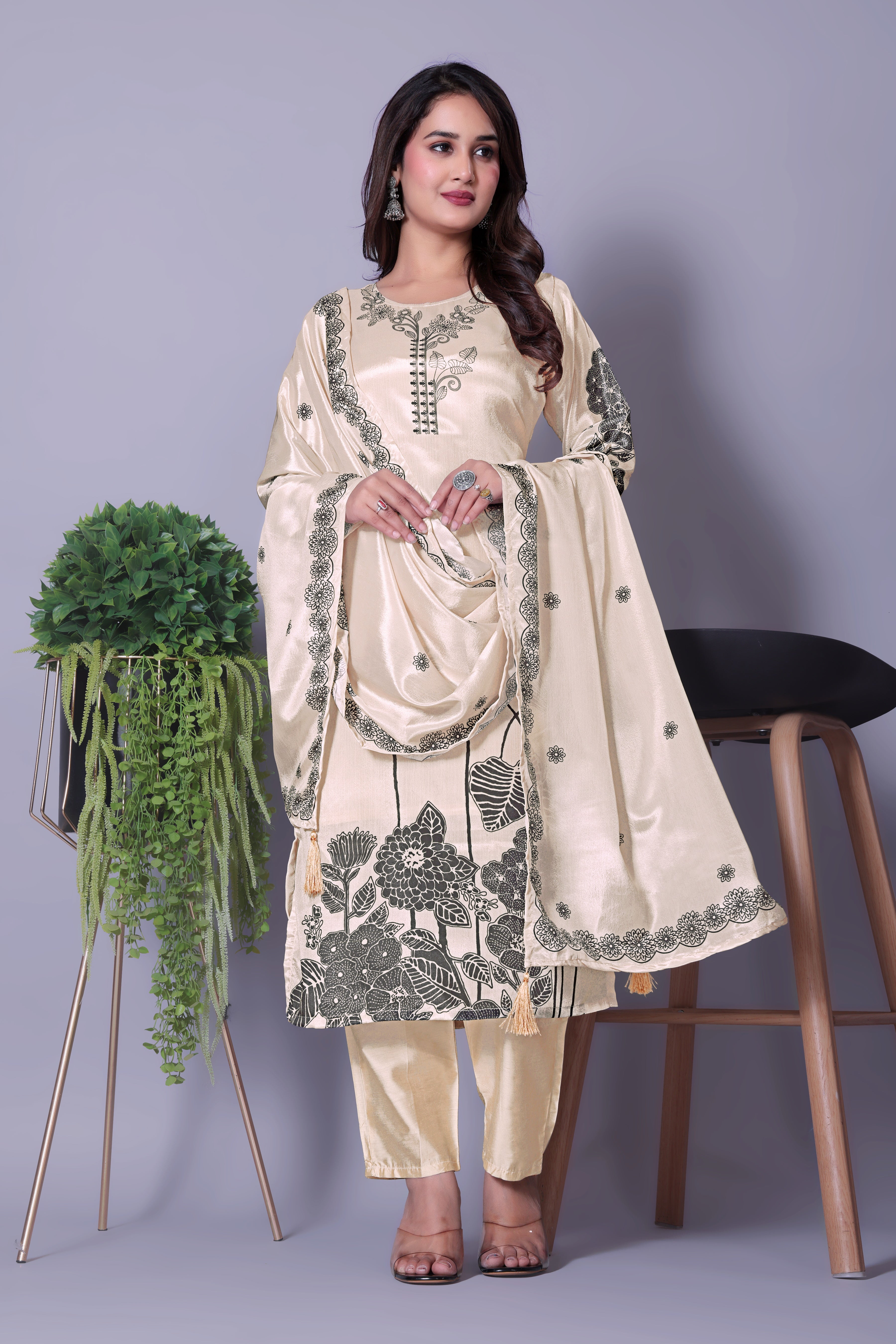 Women's Cream Silk Blend Kurti Set with Black Floral Print & Dupatta