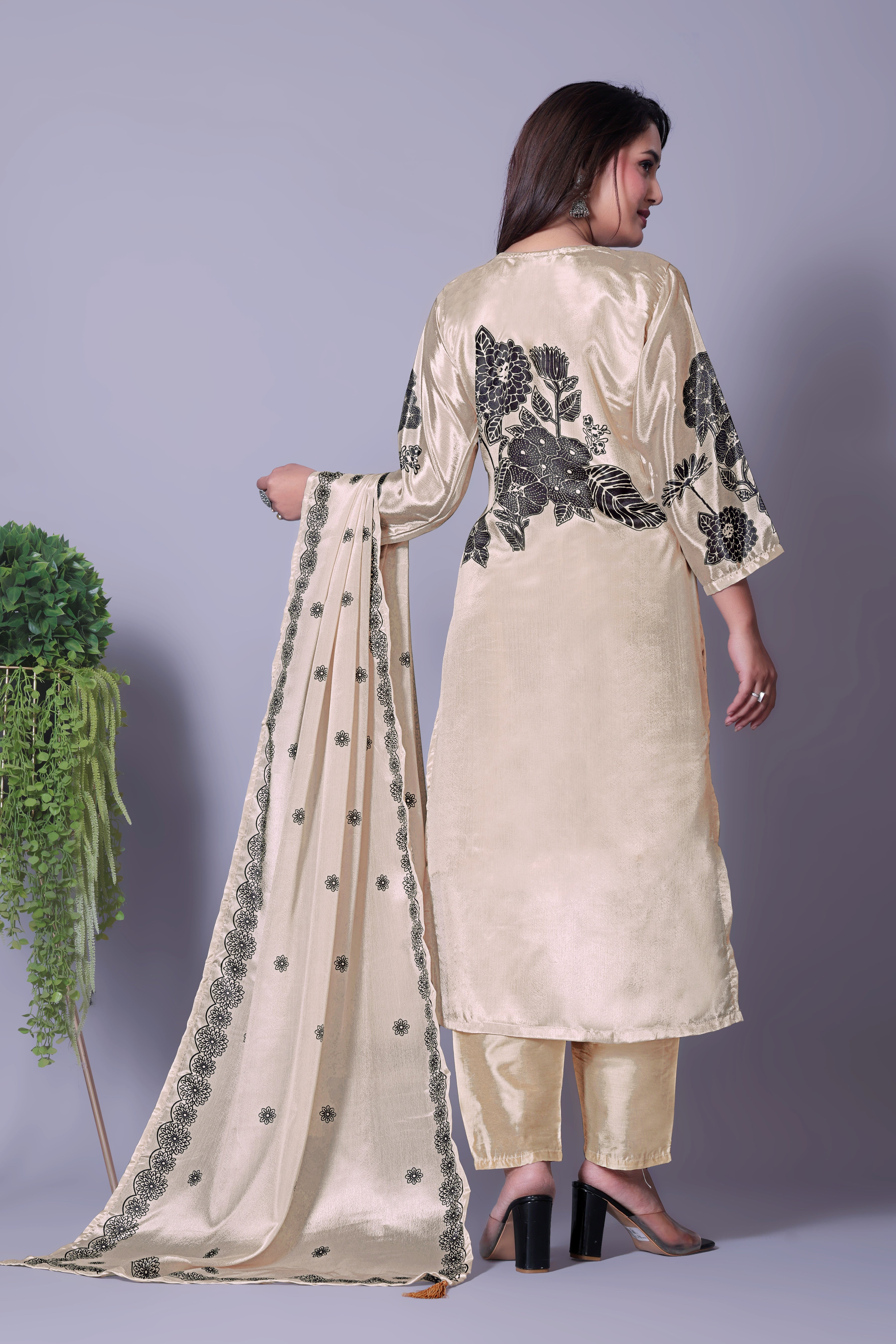 Women's Cream Silk Blend Kurti Set with Black Floral Print & Dupatta