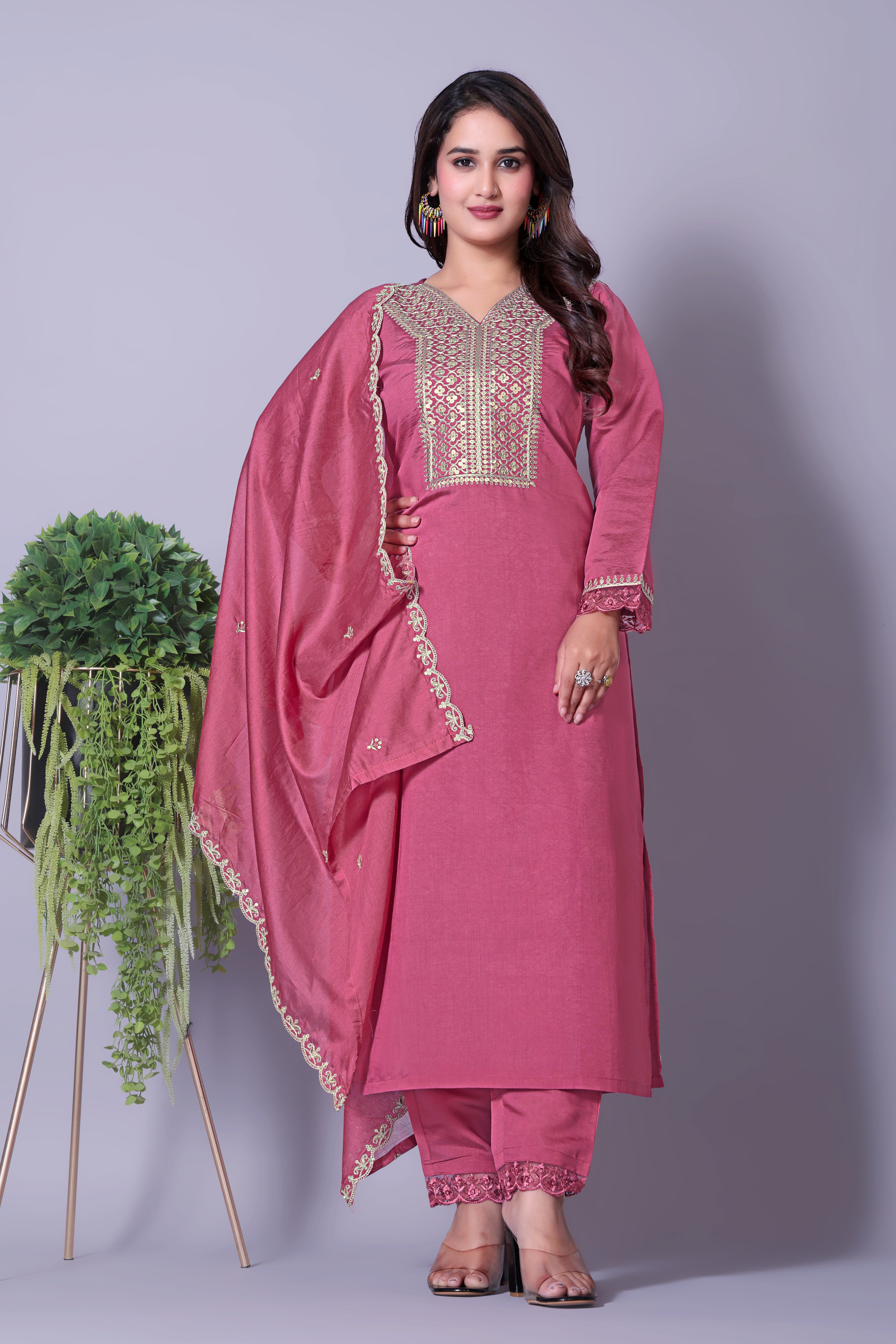 Festive Pink Silk Blend Kurti Set with Zari & Sequence Embroidery