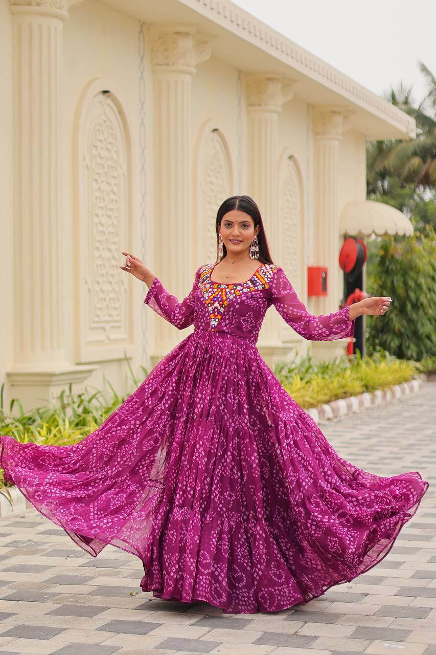 Designer Bandhani Print Anarkali Gown with Multi-Color Embroidered Yoke