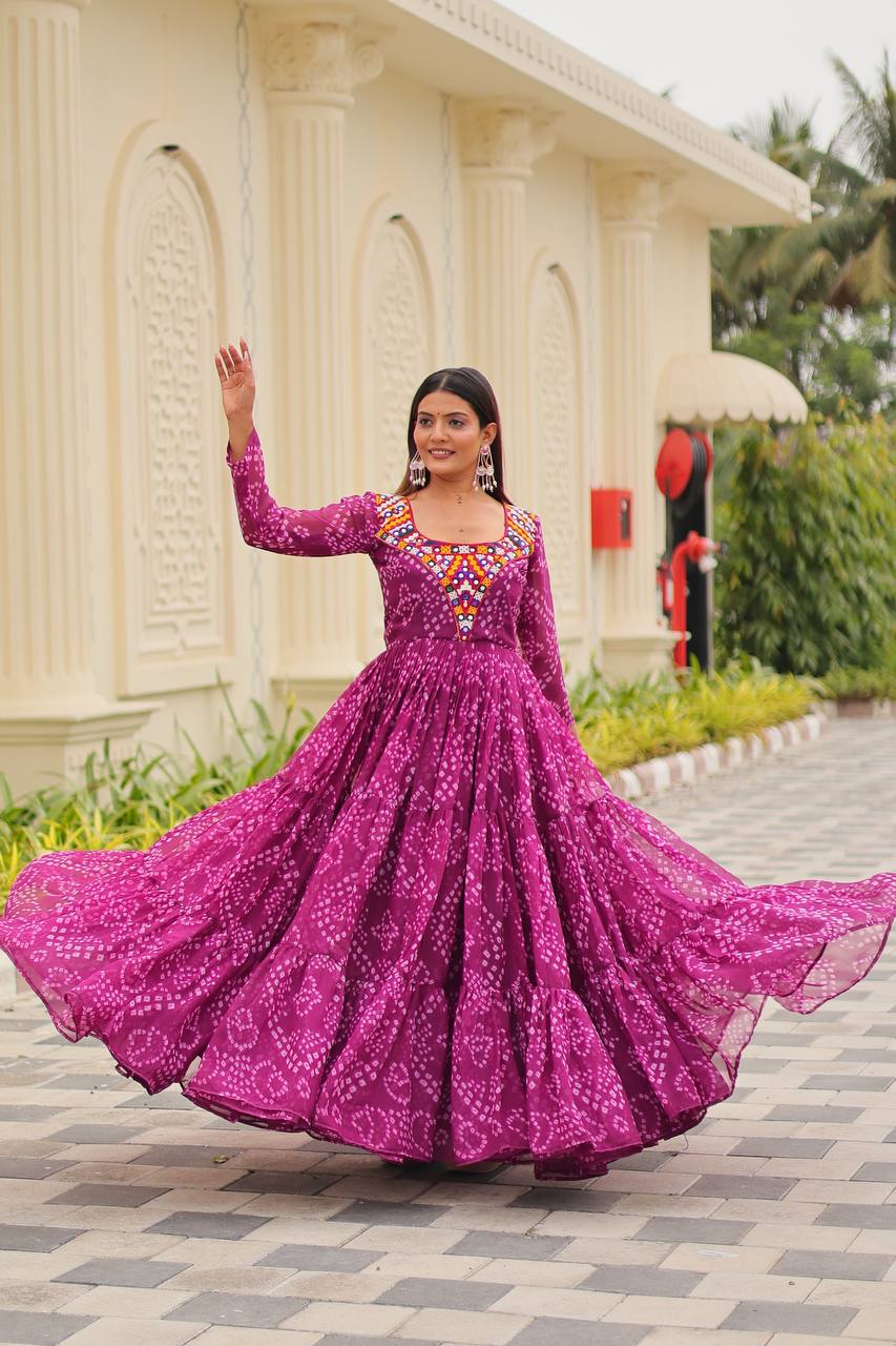 Designer Bandhani Print Anarkali Gown with Multi-Color Embroidered Yoke