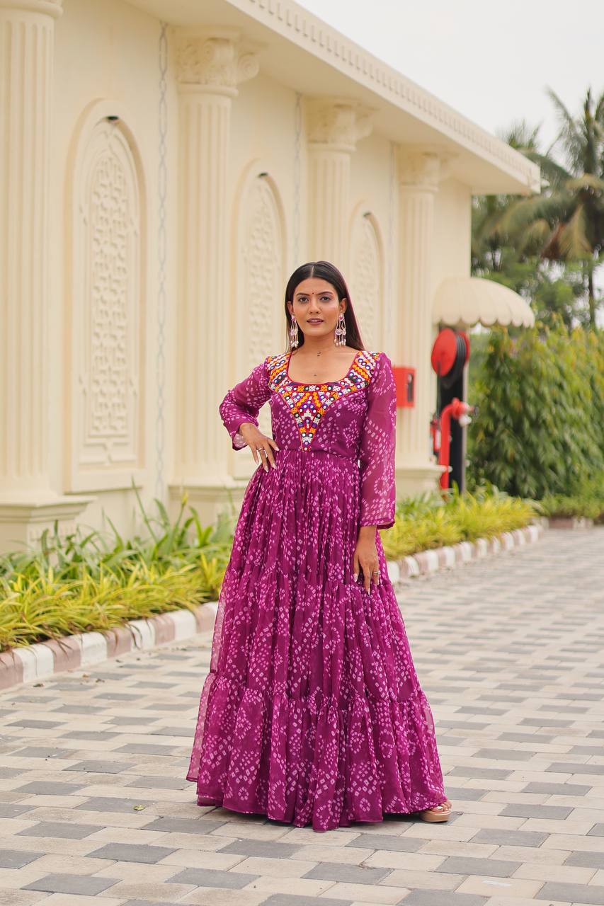 Designer Bandhani Print Anarkali Gown with Multi-Color Embroidered Yoke