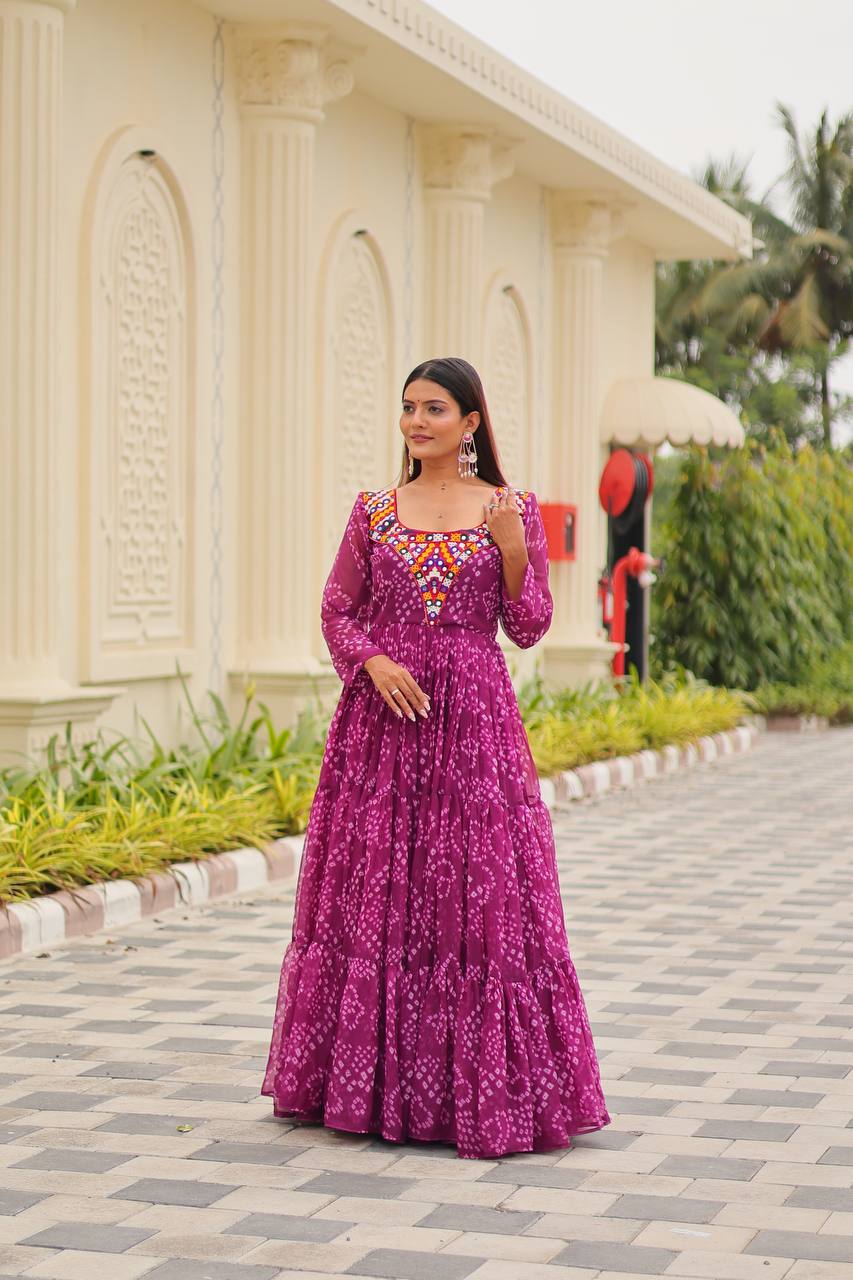 Designer Bandhani Print Anarkali Gown with Multi-Color Embroidered Yoke