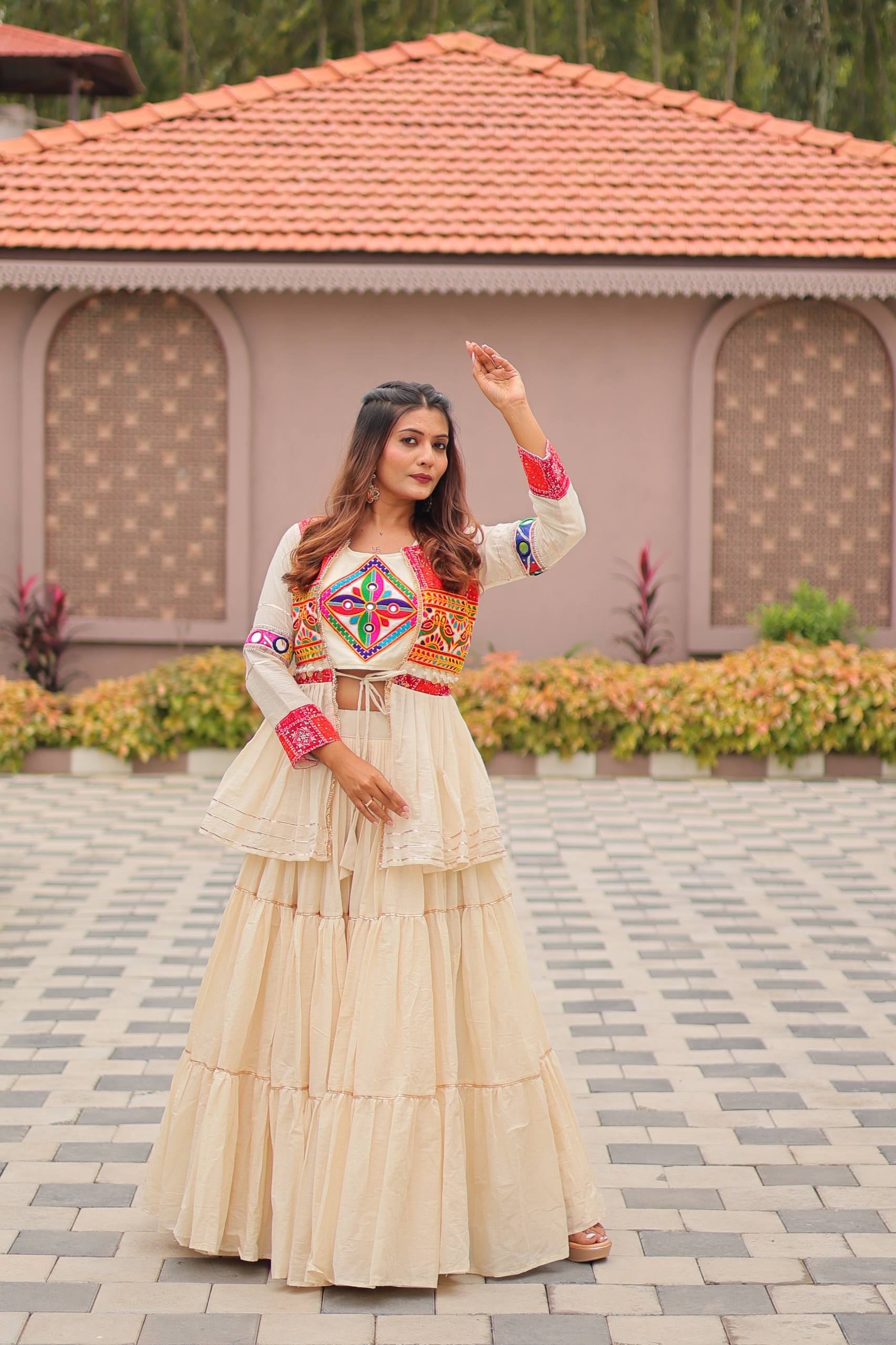 Elegant Off-White Ruffle Lehenga Choli with Vibrant Embroidered Koti Jacket