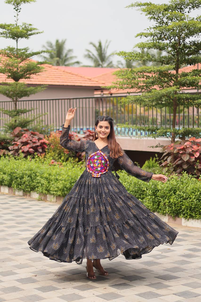 Faux Georgette Navratri Gown with Genuine Mirror Work