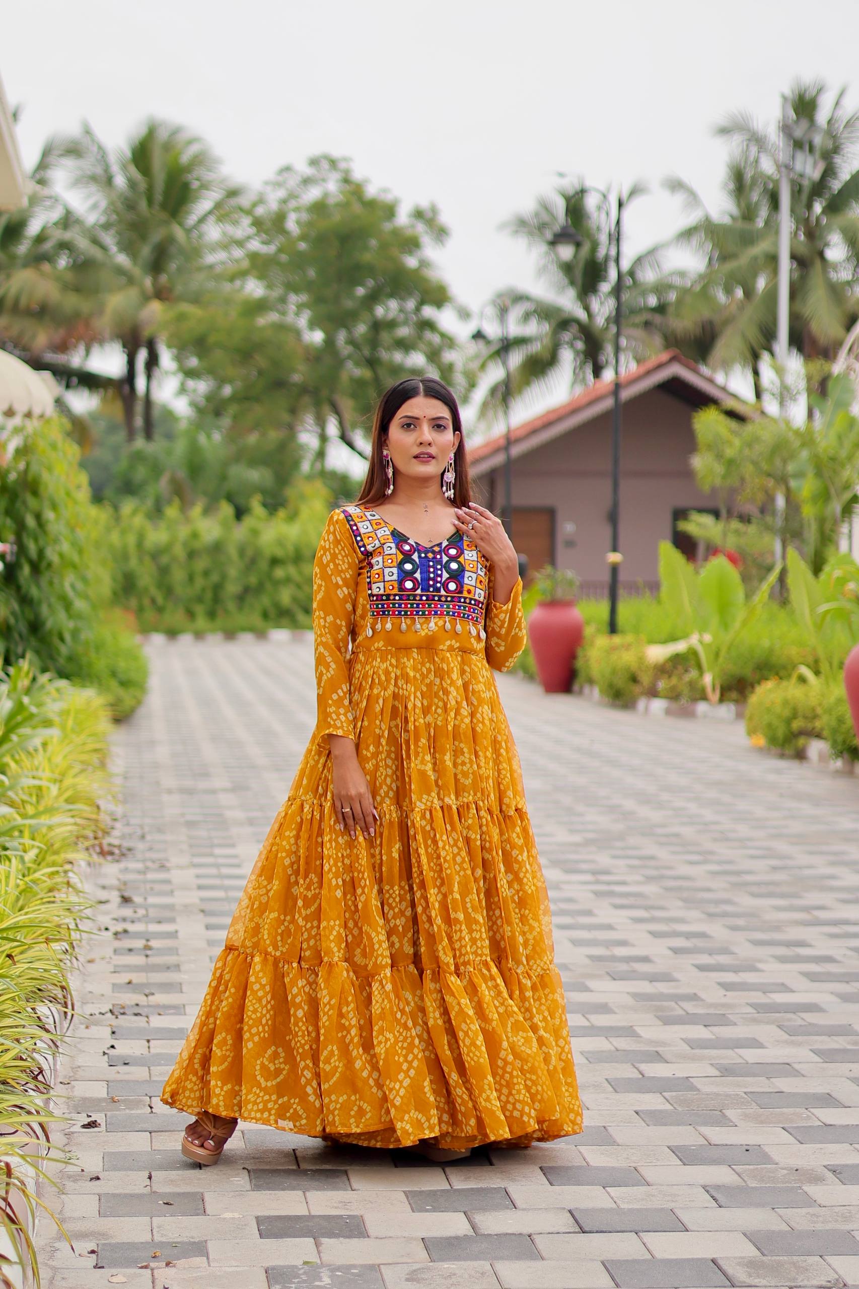 Mustard Yellow Georgette Bandhani Printed Navratri Special Gown