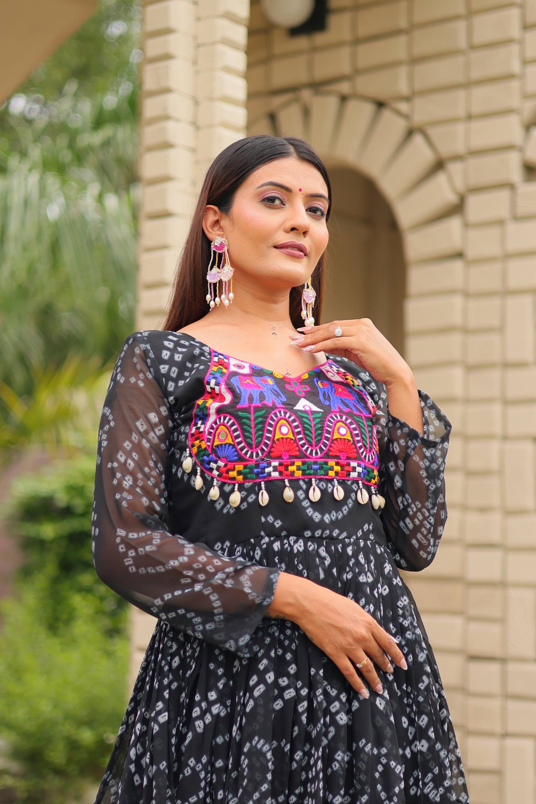Black Georgette Bandhani Print Navratri Special Gown with Kutchi Patch Work