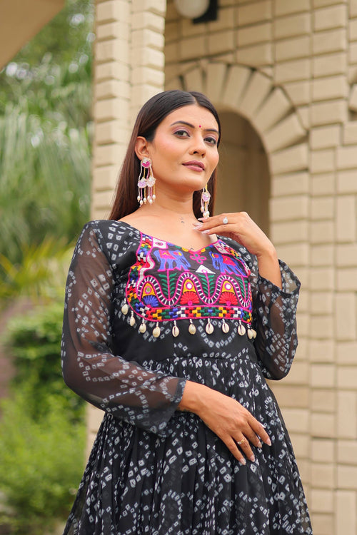 Black Georgette Bandhani Print Navratri Special Gown with Kutchi Patch Work