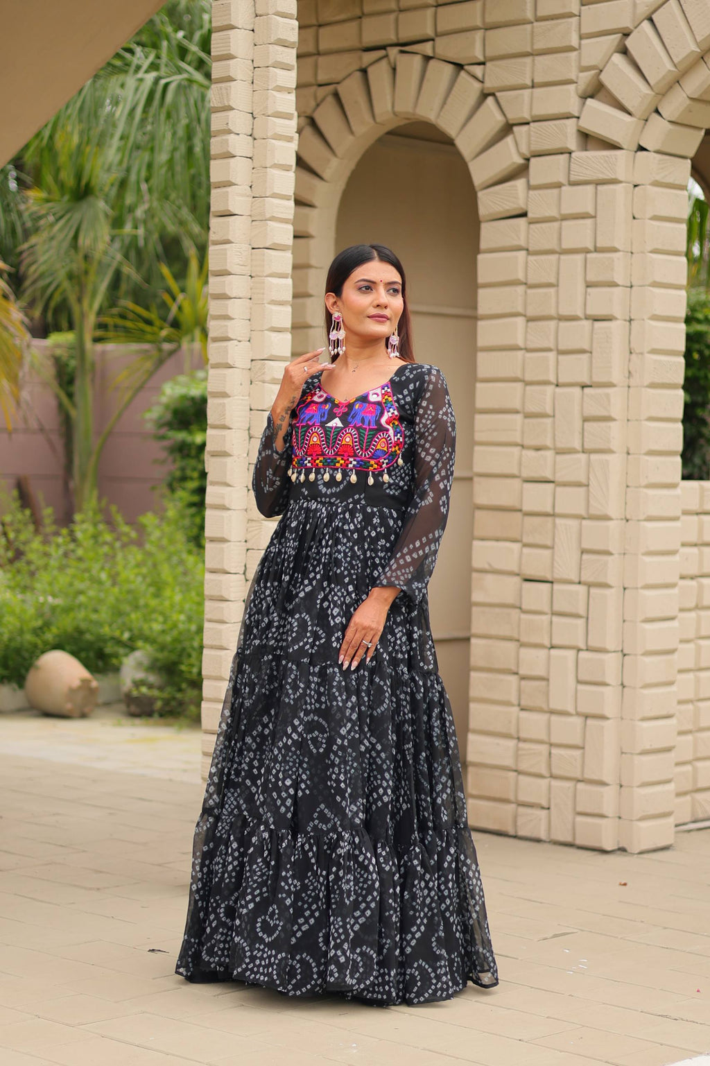 Black Georgette Bandhani Print Navratri Special Gown with Kutchi Patch Work