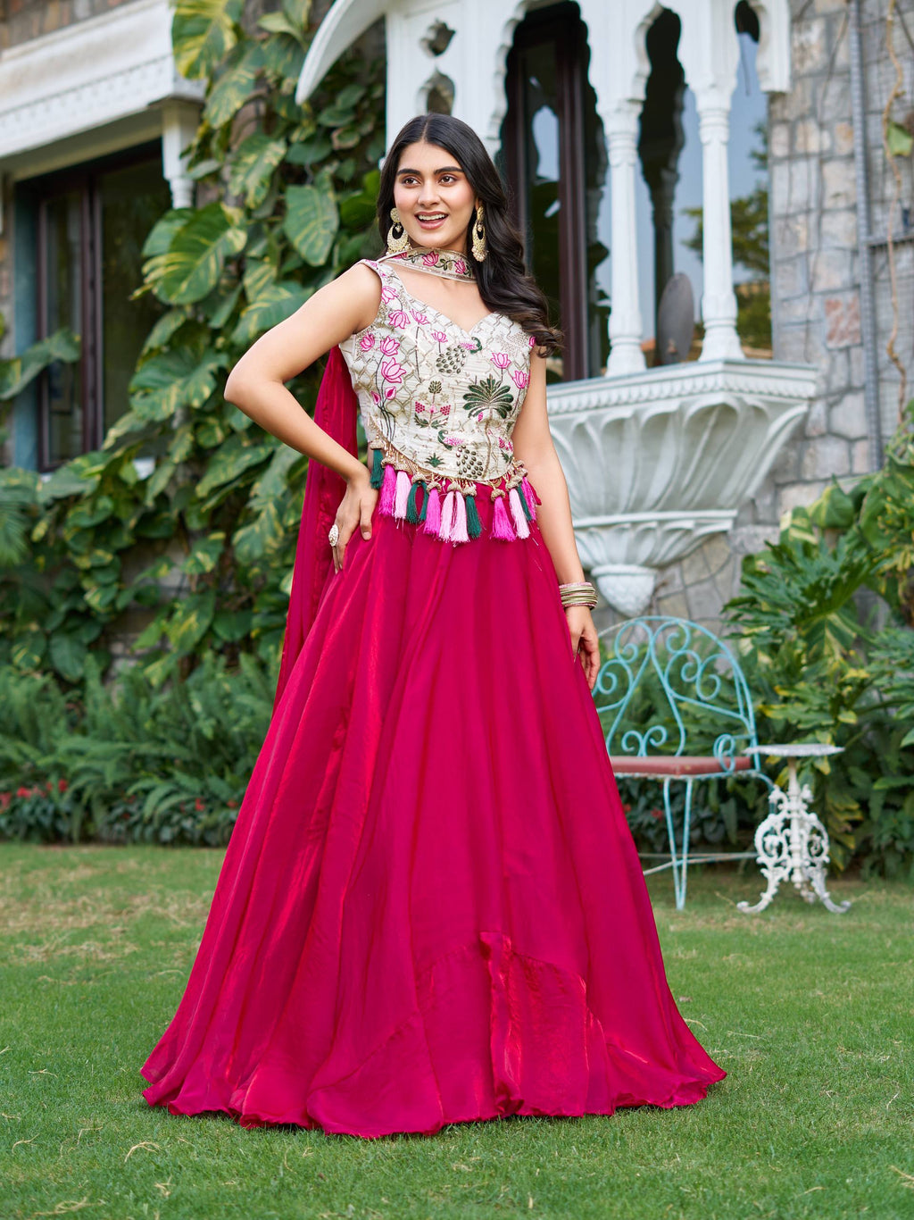 Elegant Silk Lehenga Choli with Embroidered Blouse and Tassel Detail
