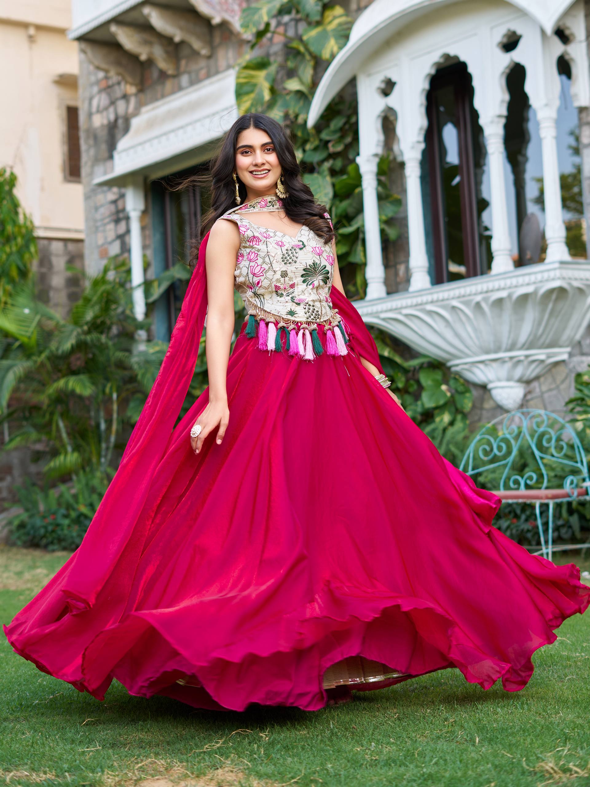 Elegant Silk Lehenga Choli with Embroidered Blouse and Tassel Detail