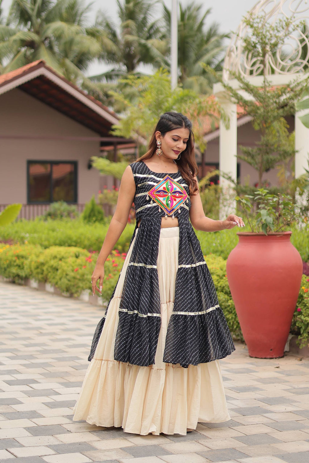 Navratri Special Gamthi Work Cotton Lehenga Choli Set with Embroidered Shrug
