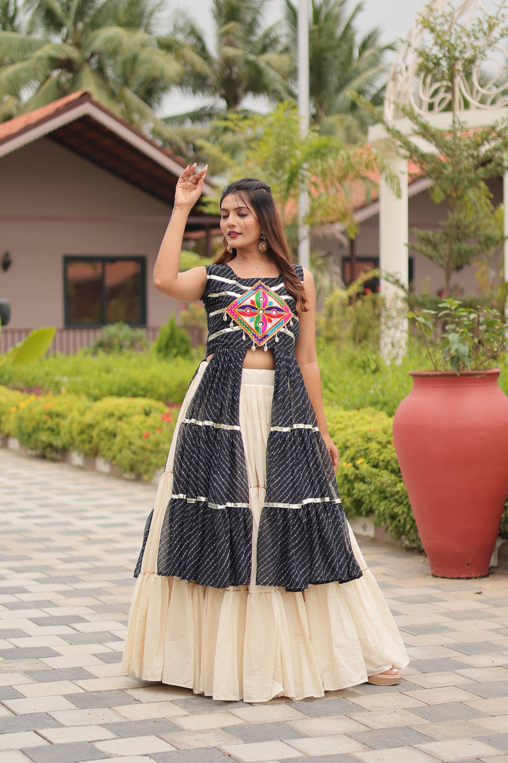 Navratri Special Gamthi Work Cotton Lehenga Choli Set with Embroidered Shrug