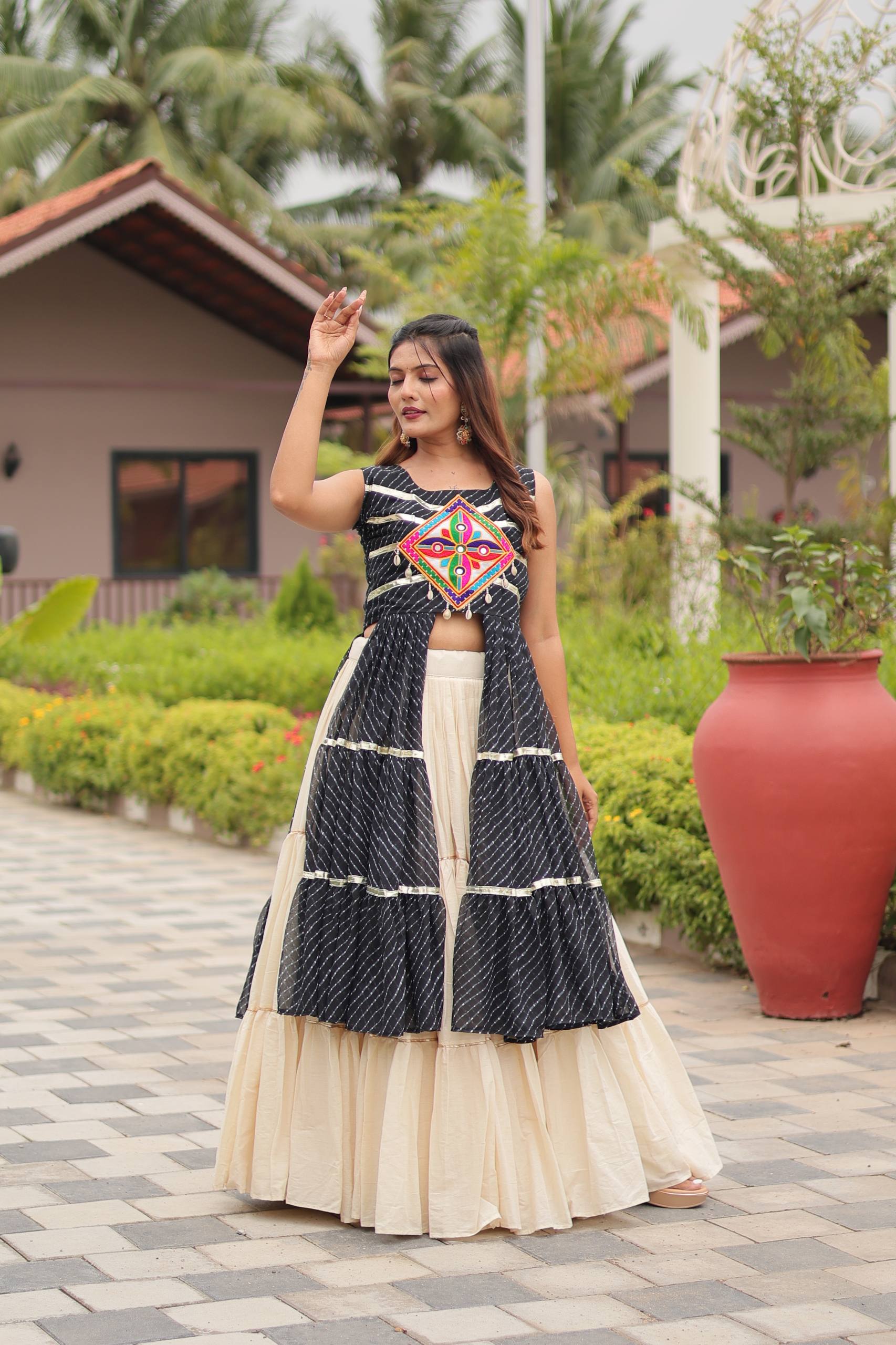 Navratri Special Gamthi Work Cotton Lehenga Choli Set with Embroidered Shrug