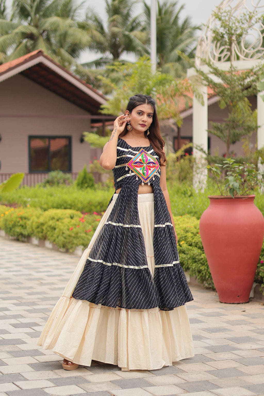 Navratri Special Gamthi Work Cotton Lehenga Choli Set with Embroidered Shrug